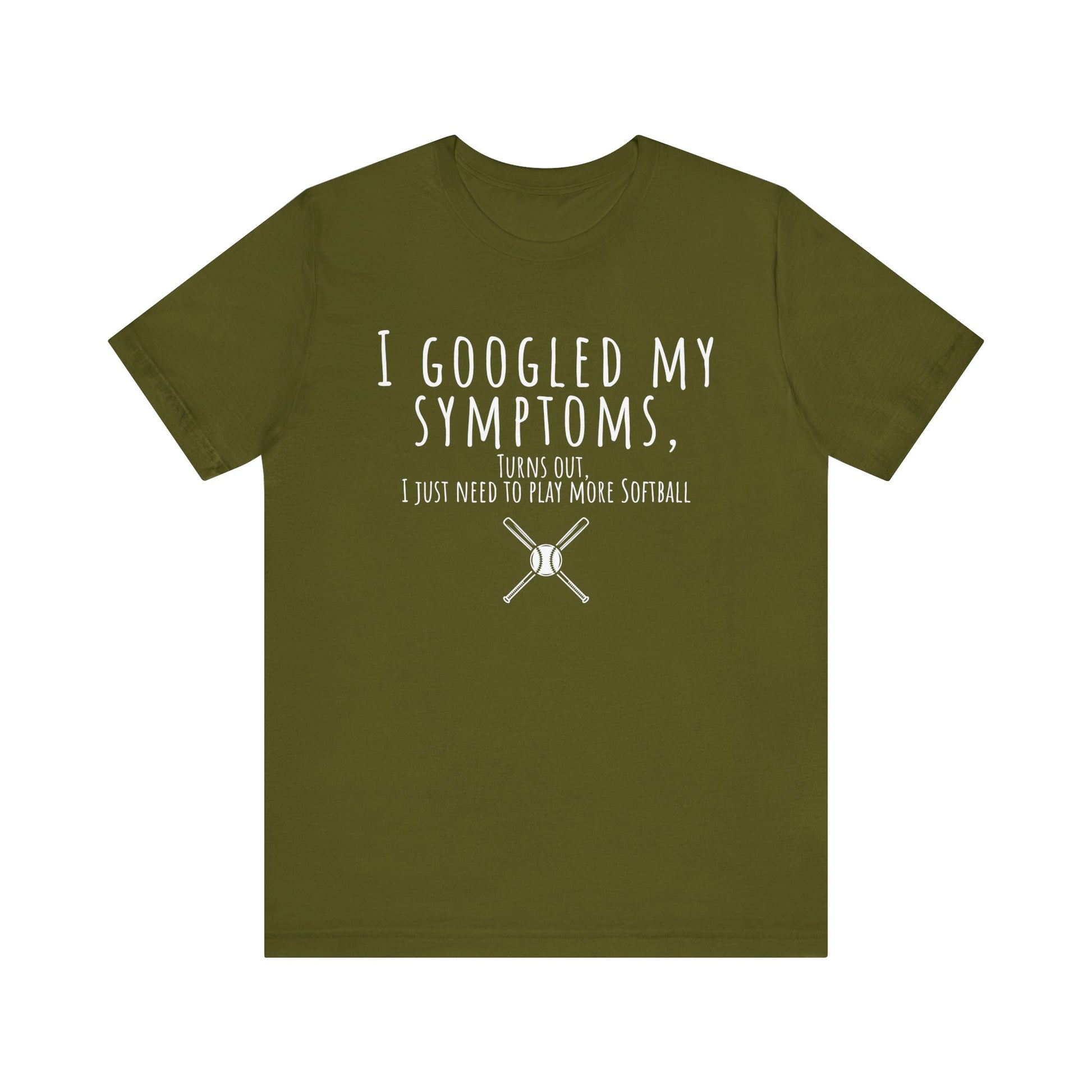 Green t-shirt with humorous text and softball graphics on a white background
