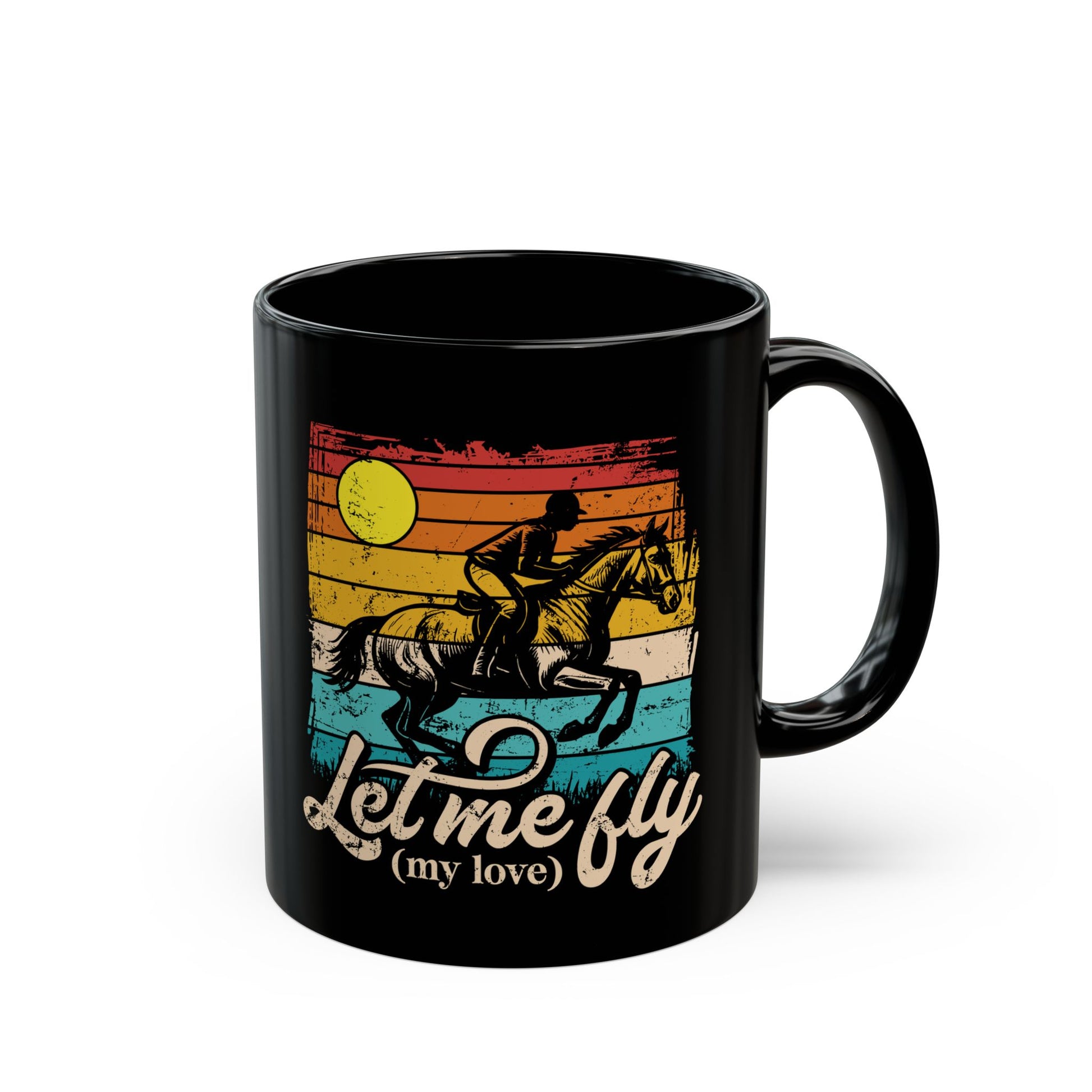 Black mug with a horse and sunset design and text 'Let me fly (my love)' on a white background