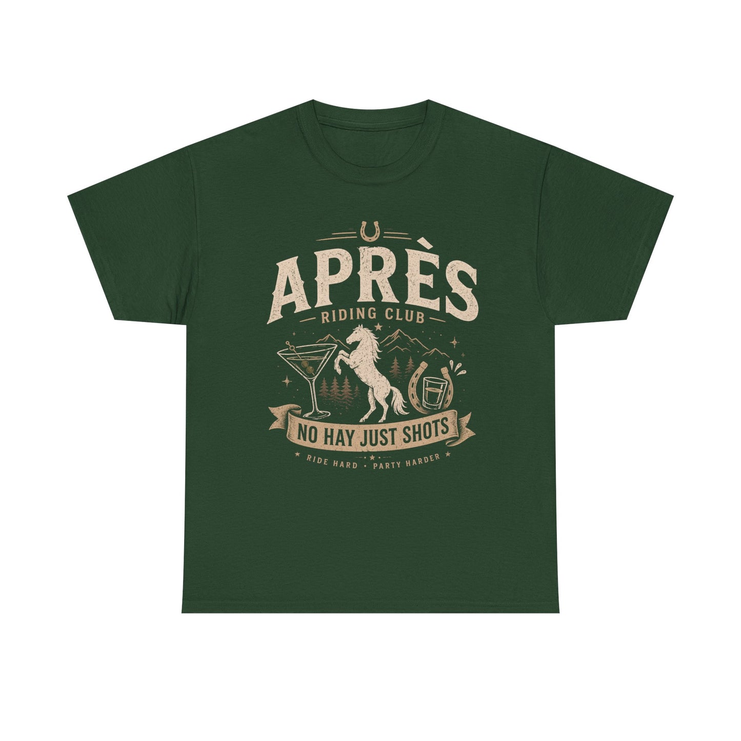 Horse Ridinng Shirts Green t-shirt with 'Apres Riding Club' graphic design on a white background
