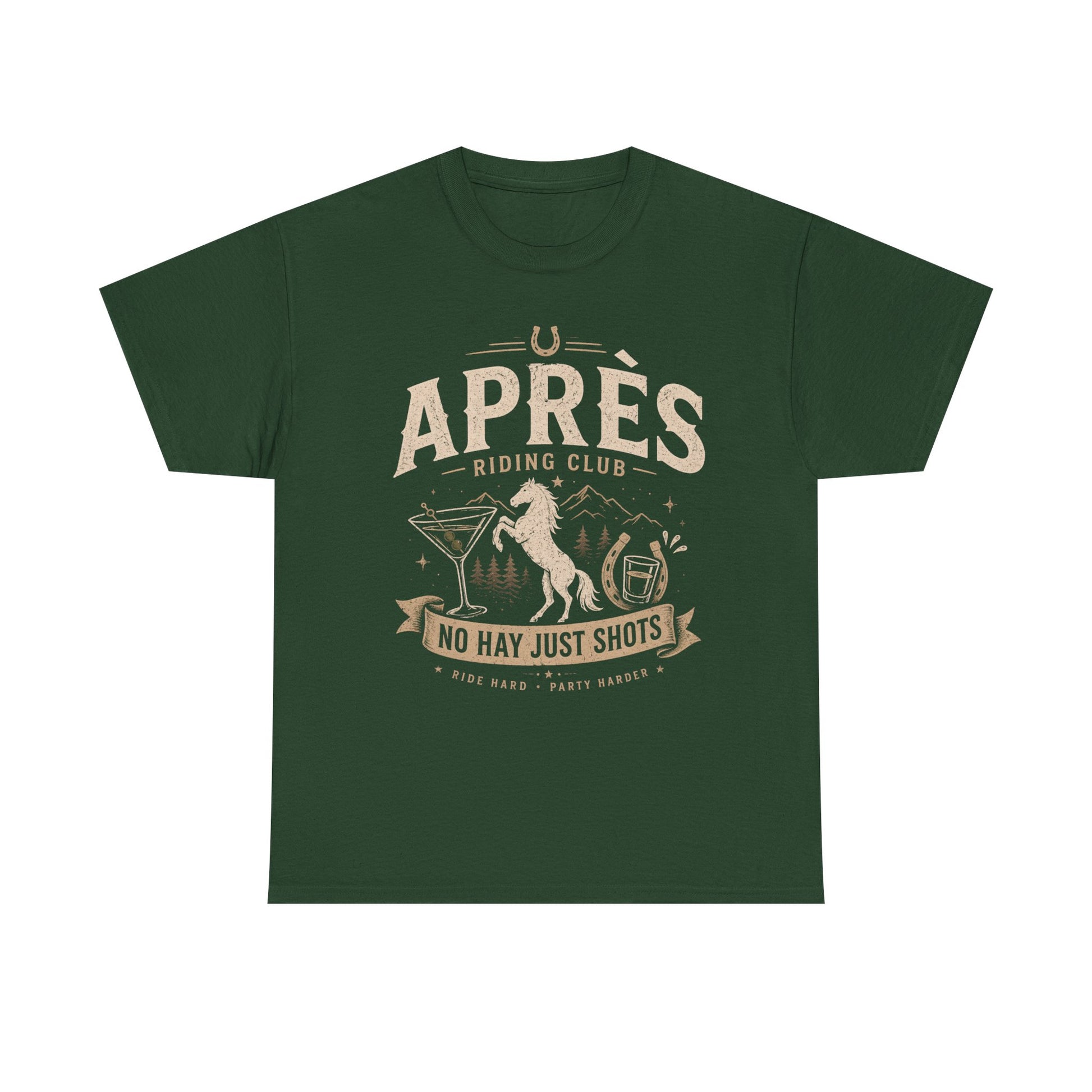 Horse Ridinng Shirts Green t-shirt with 'Apres Riding Club' graphic design on a white background