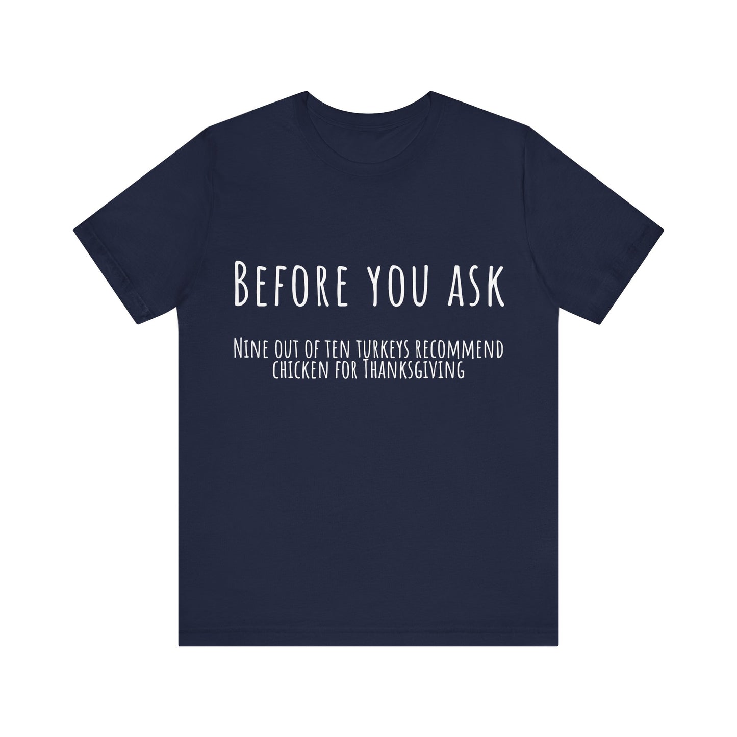 Navy blue t-shirt with white text on a white background