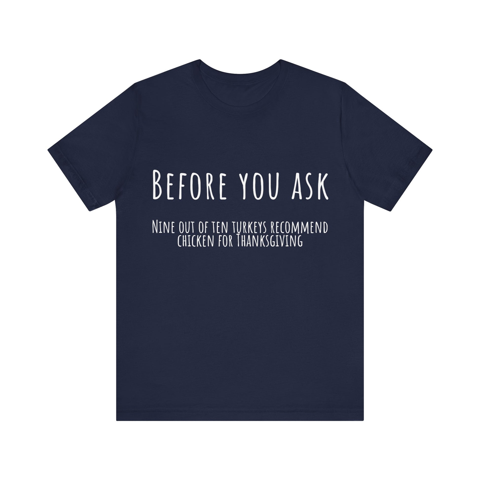 Navy blue t-shirt with white text on a white background