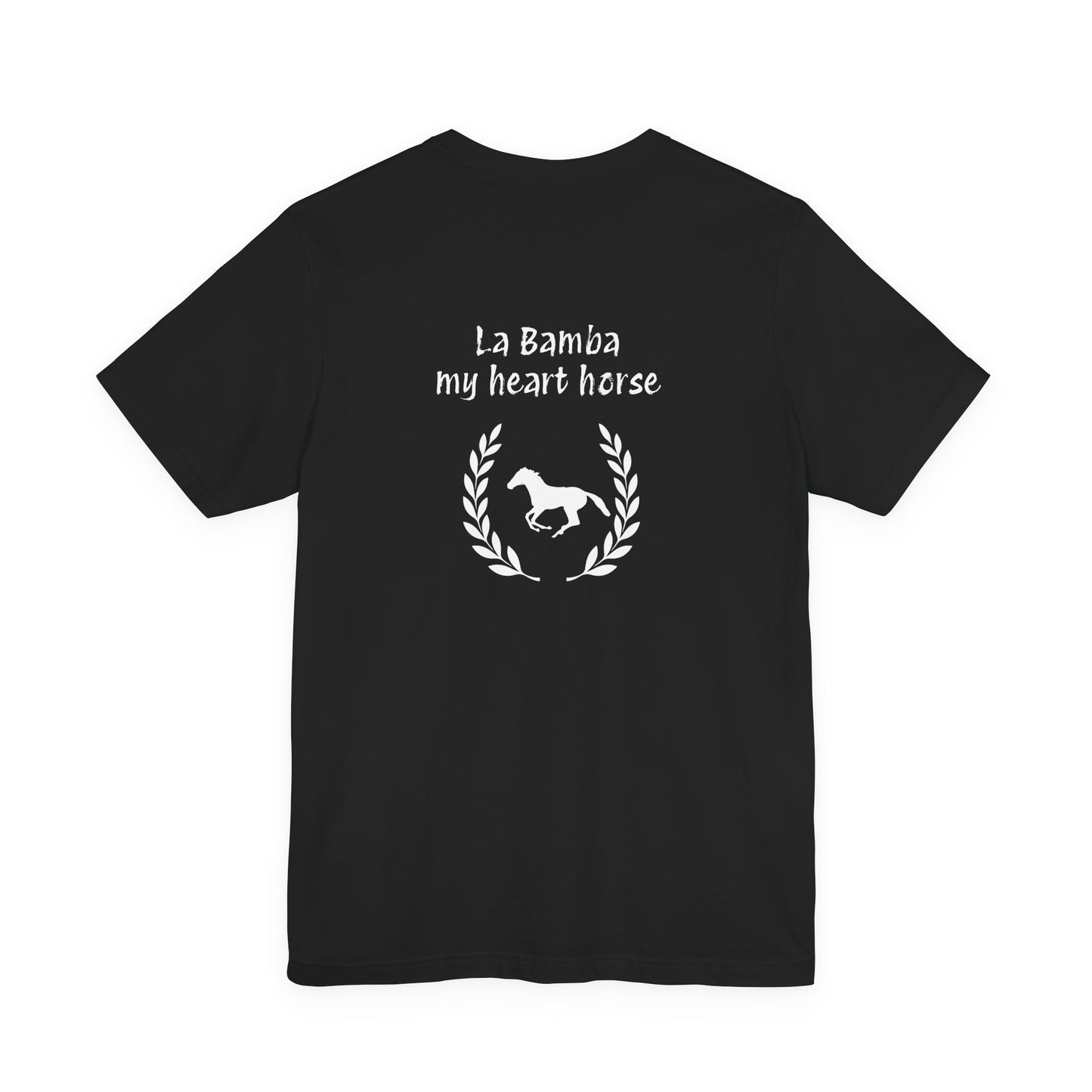 Navy blue t-shirt with a design on the back on a white background