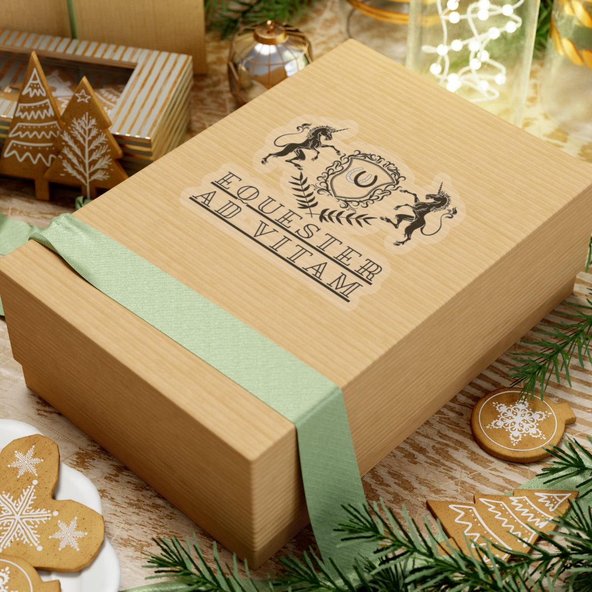 Wooden gift box with green ribbon on a festive background with cookies and decorations