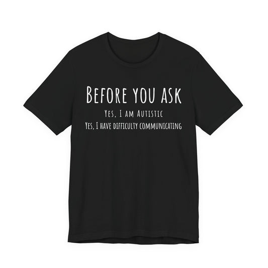 Black t-shirt with white text on a white background