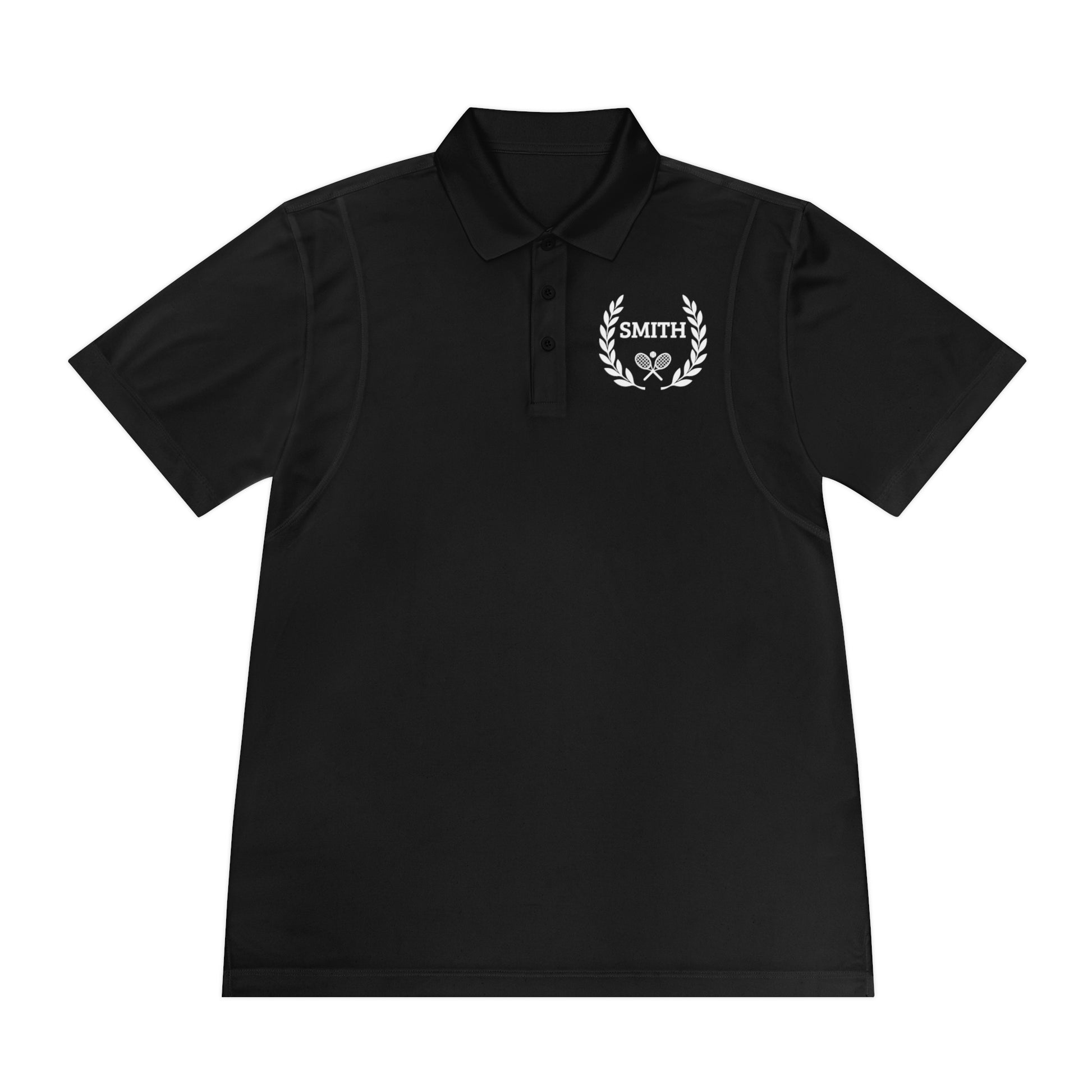Custom tennis shirt Black polo shirt with a logo on the chest against a white background