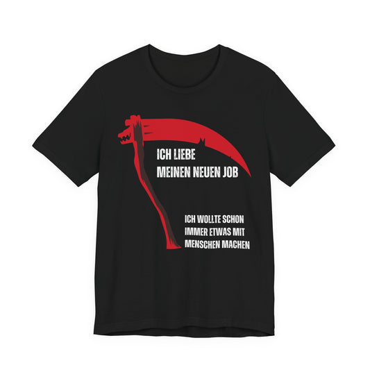 Black t-shirt with red and white graphic and text on a white background