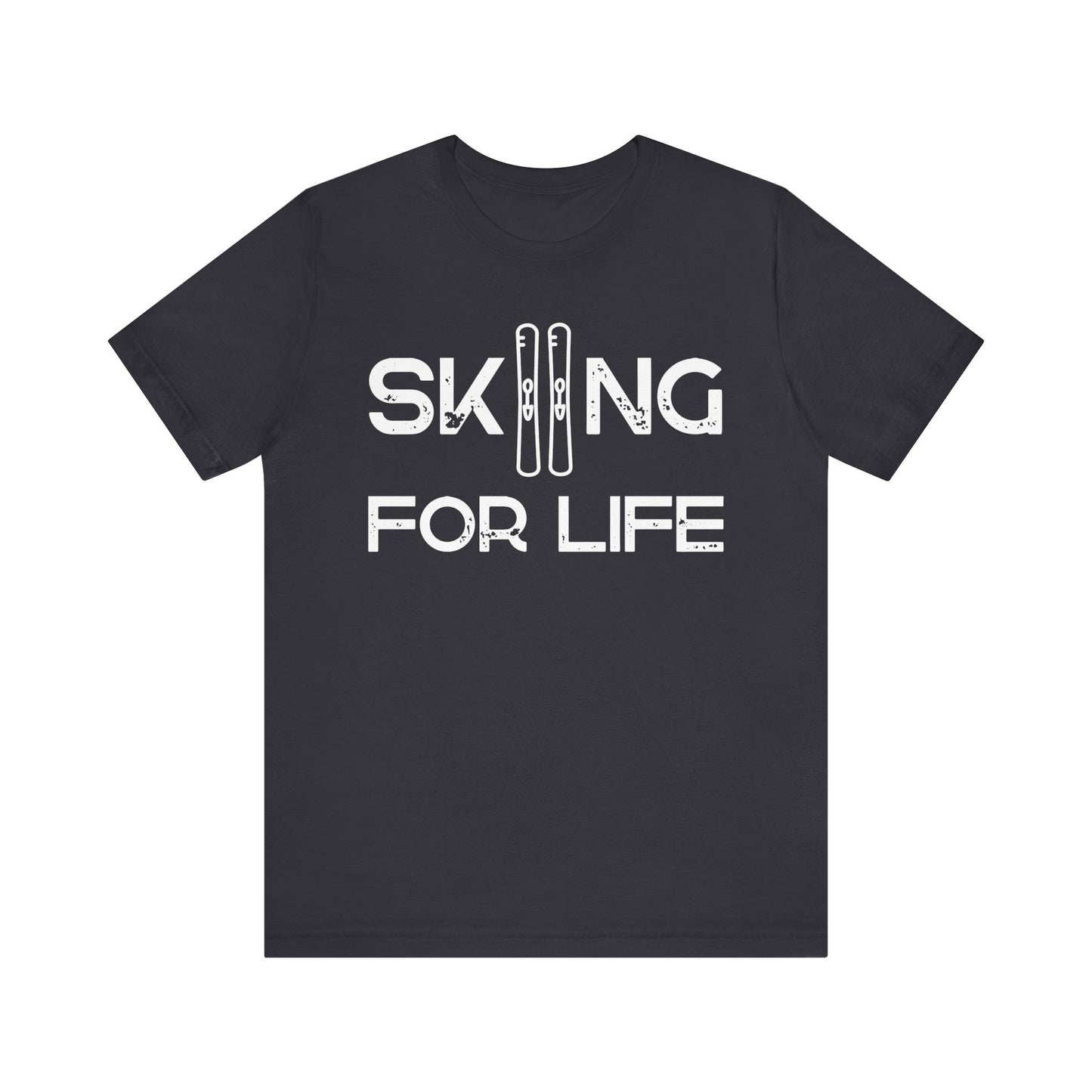 Black t-shirt with 'Skiing for Life' text on a white background