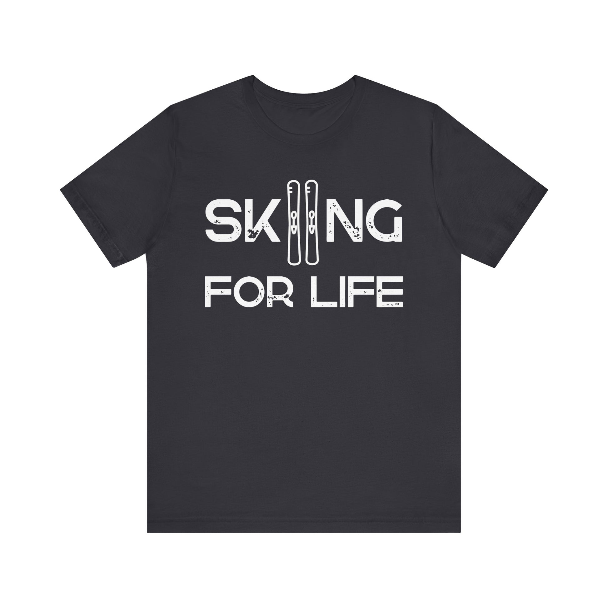 Black t-shirt with 'Skiing for Life' text on a white background