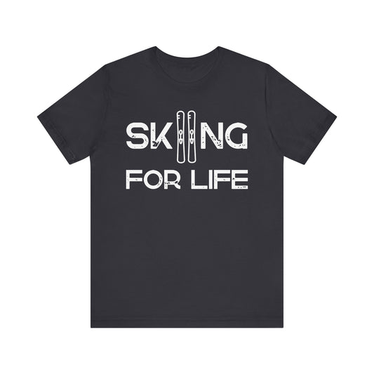 Black t-shirt with 'Skiing for Life' text on a white background