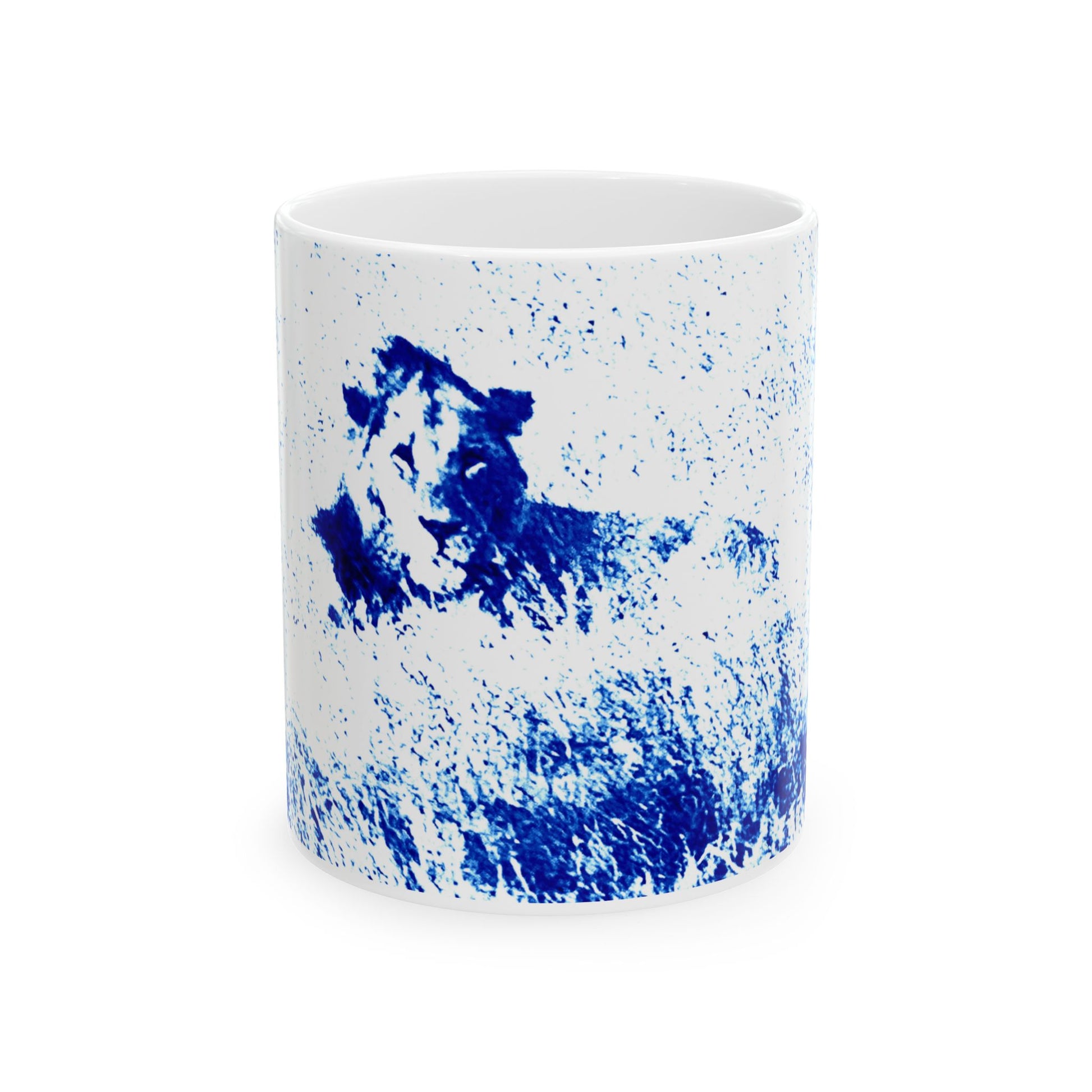 White mug with blue abstract design on a white background