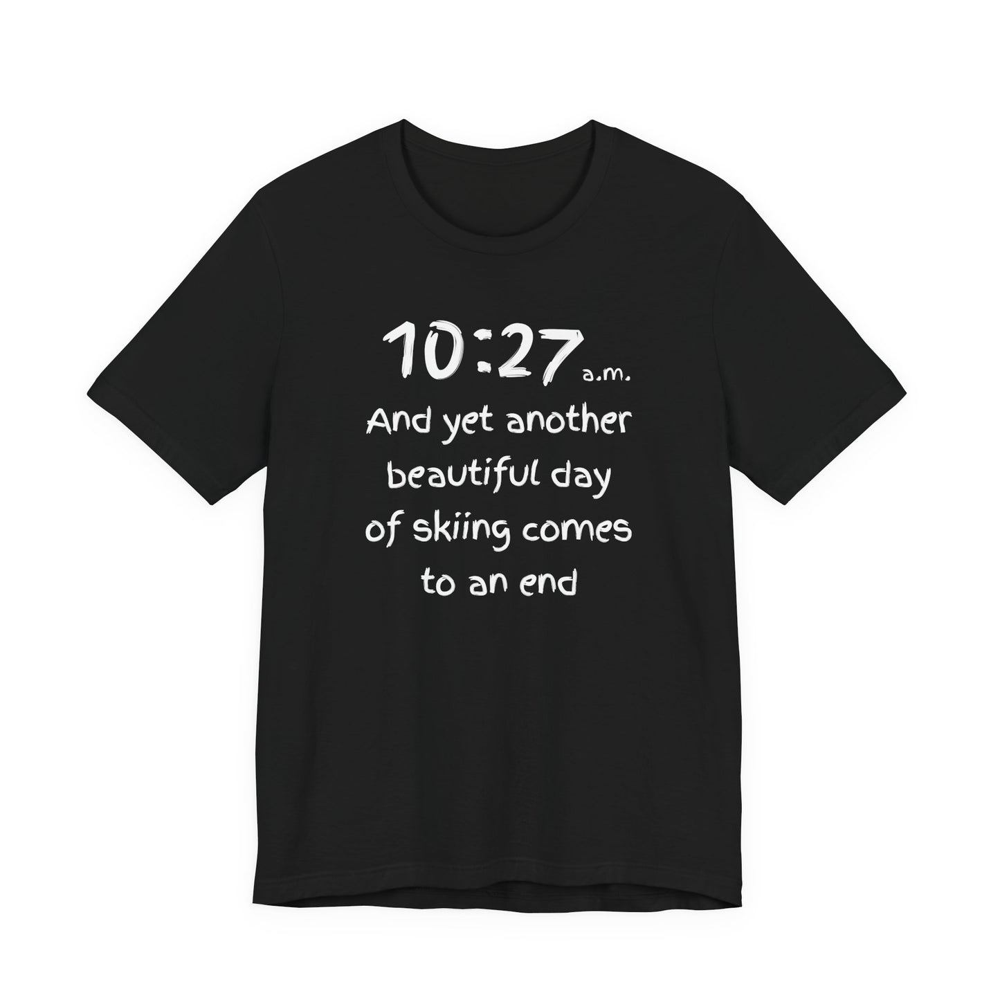 Black t-shirt with white text on a white background