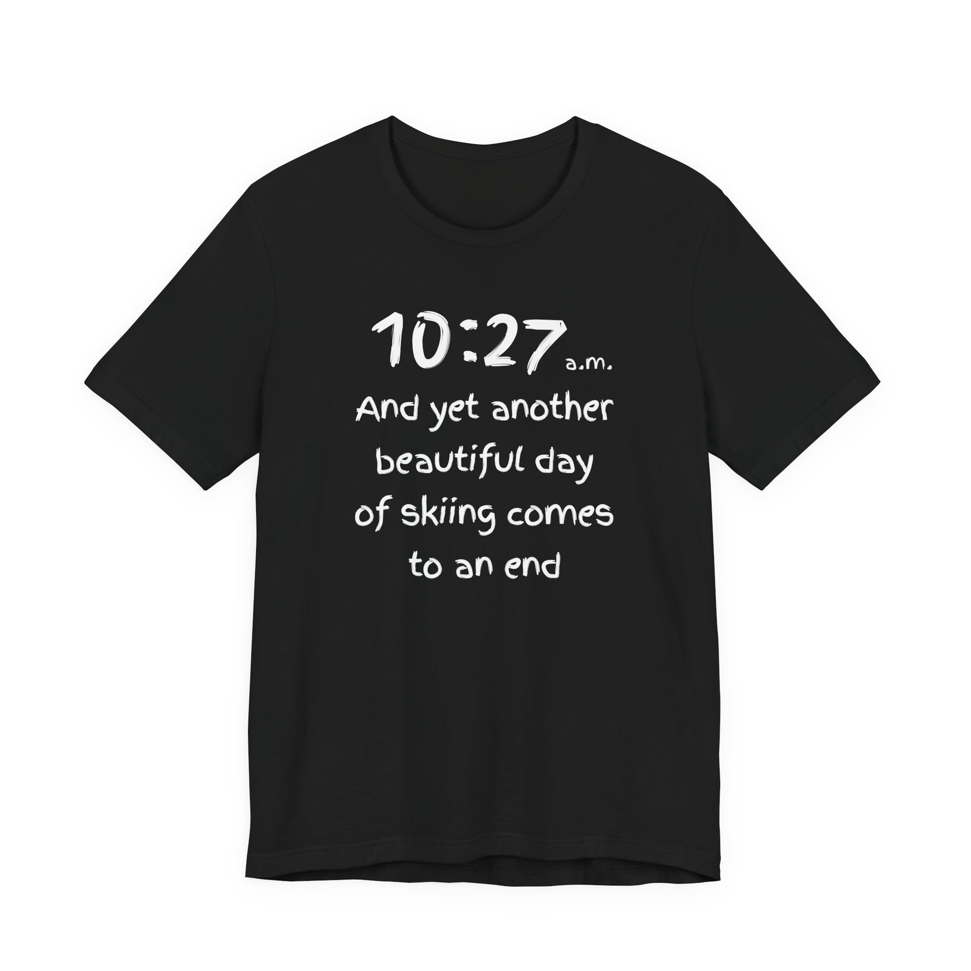 Black t-shirt with white text on a white background