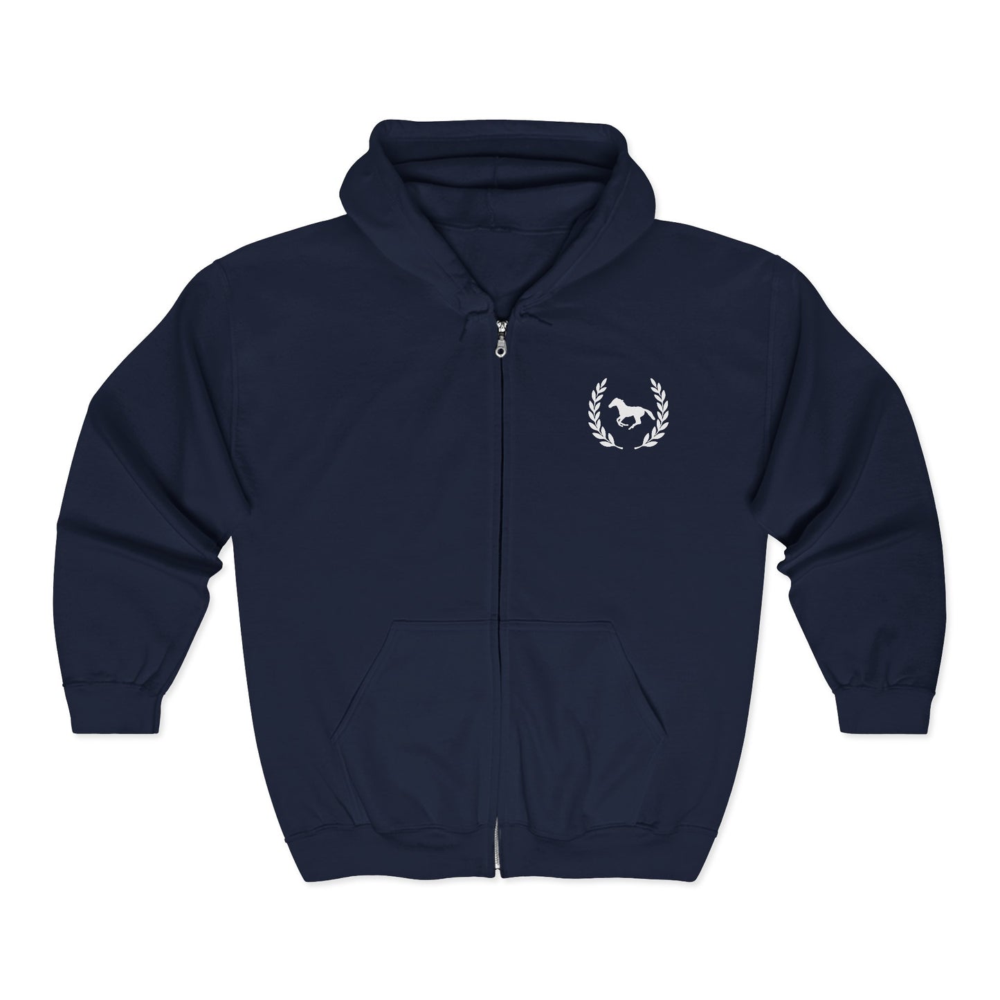 Navy blue hoodie with a white logo on a white background