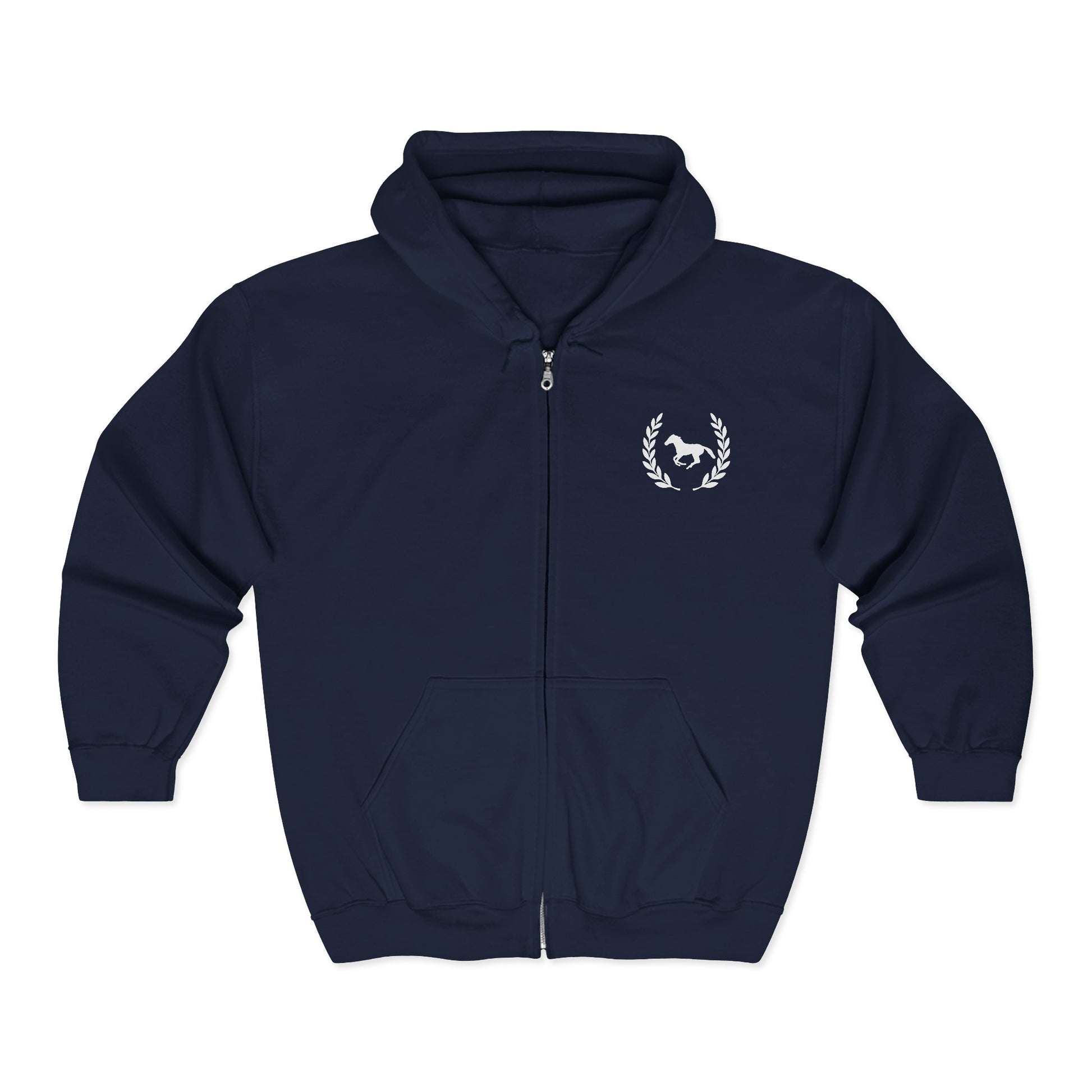 Navy blue hoodie with a white logo on a white background