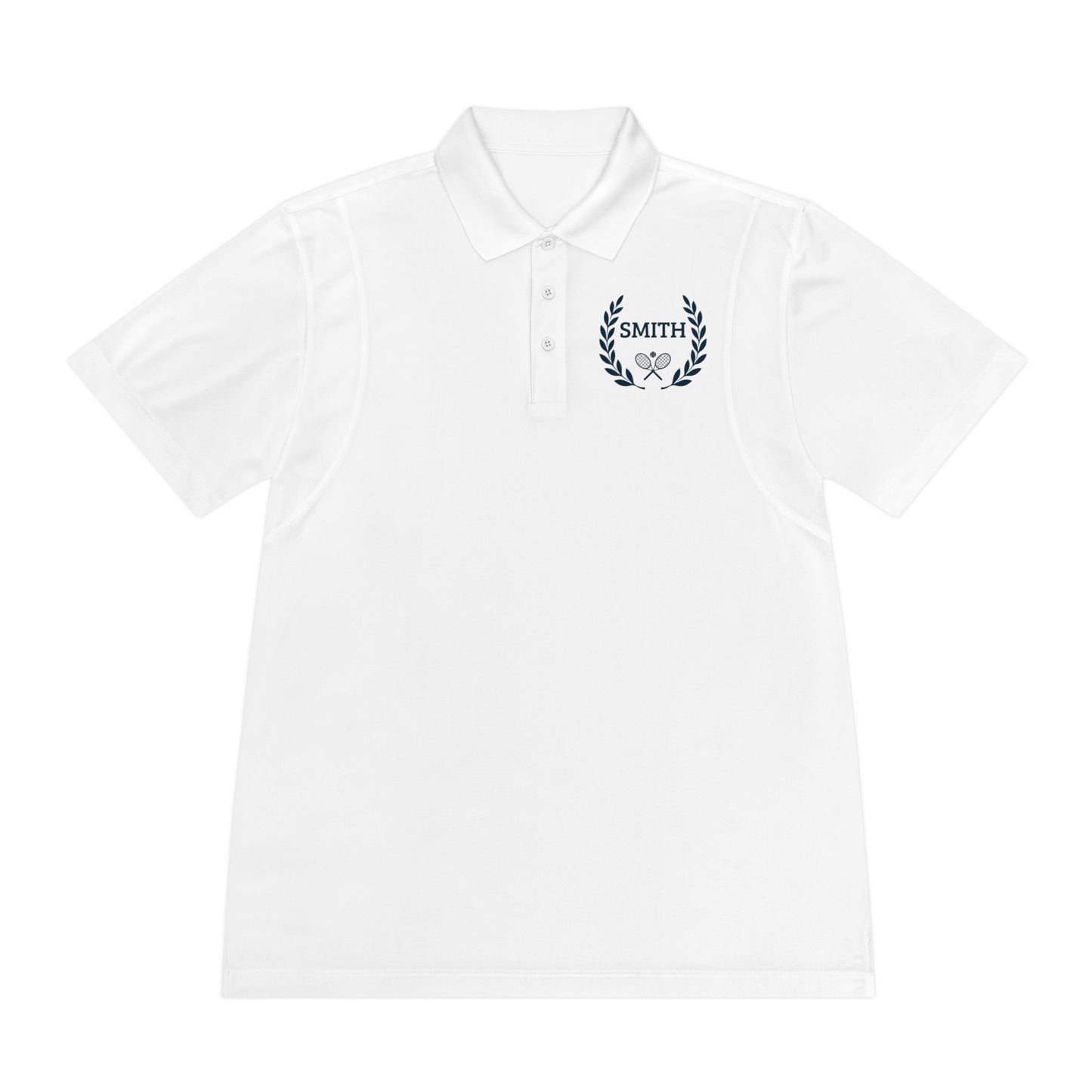 Custom tennis shirt White polo shirt with a small logo on the chest against a white background