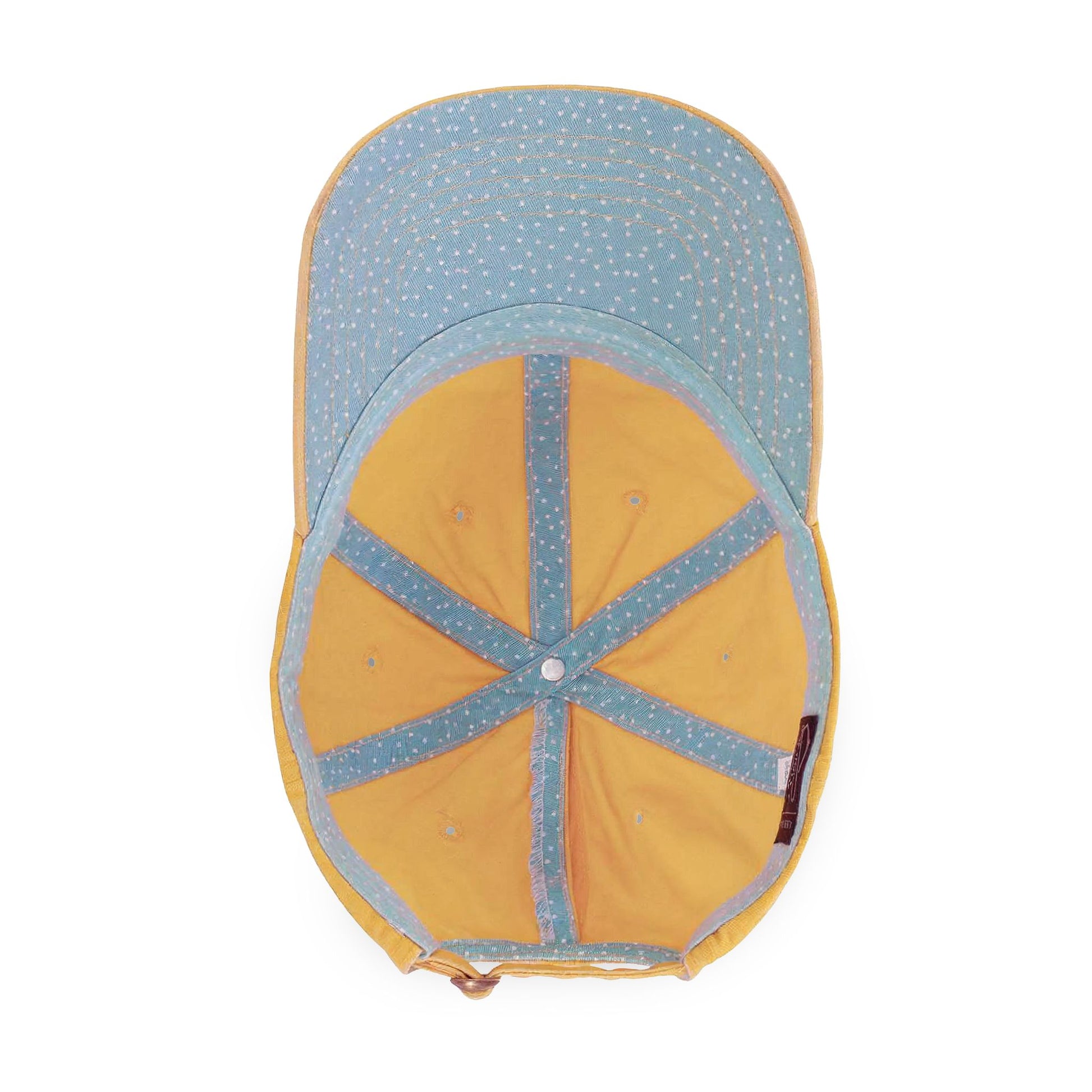 Tennis cap for women Two baseball caps, one yellow with blue pattern and the other blue with yellow pattern, on a white background.