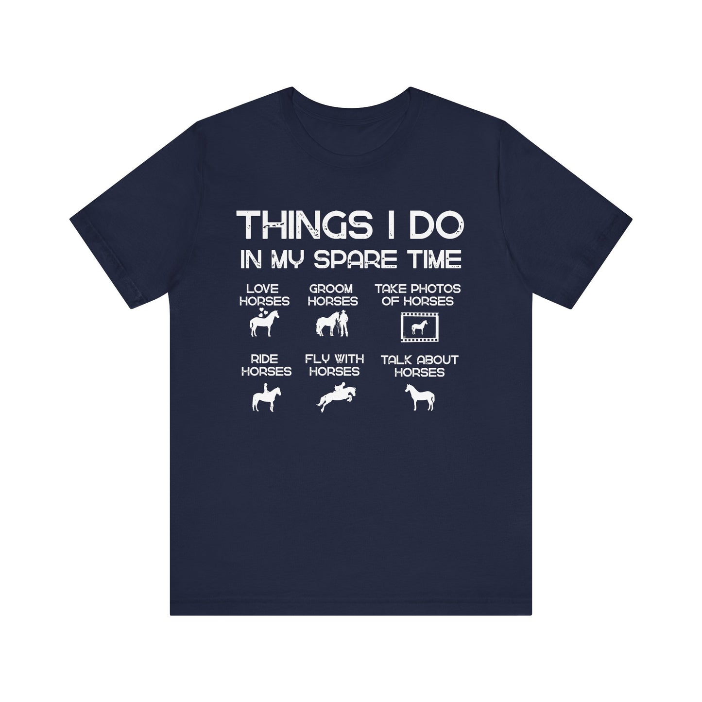 Navy blue t-shirt with white text and horse-related graphics on a white background