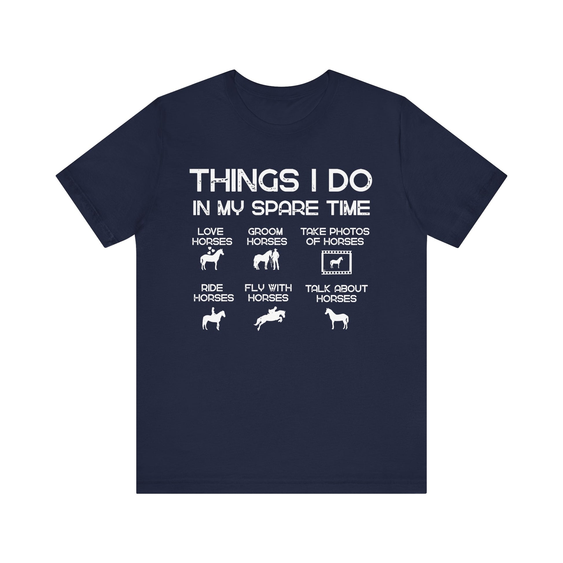 Navy blue t-shirt with white text and horse-related graphics on a white background