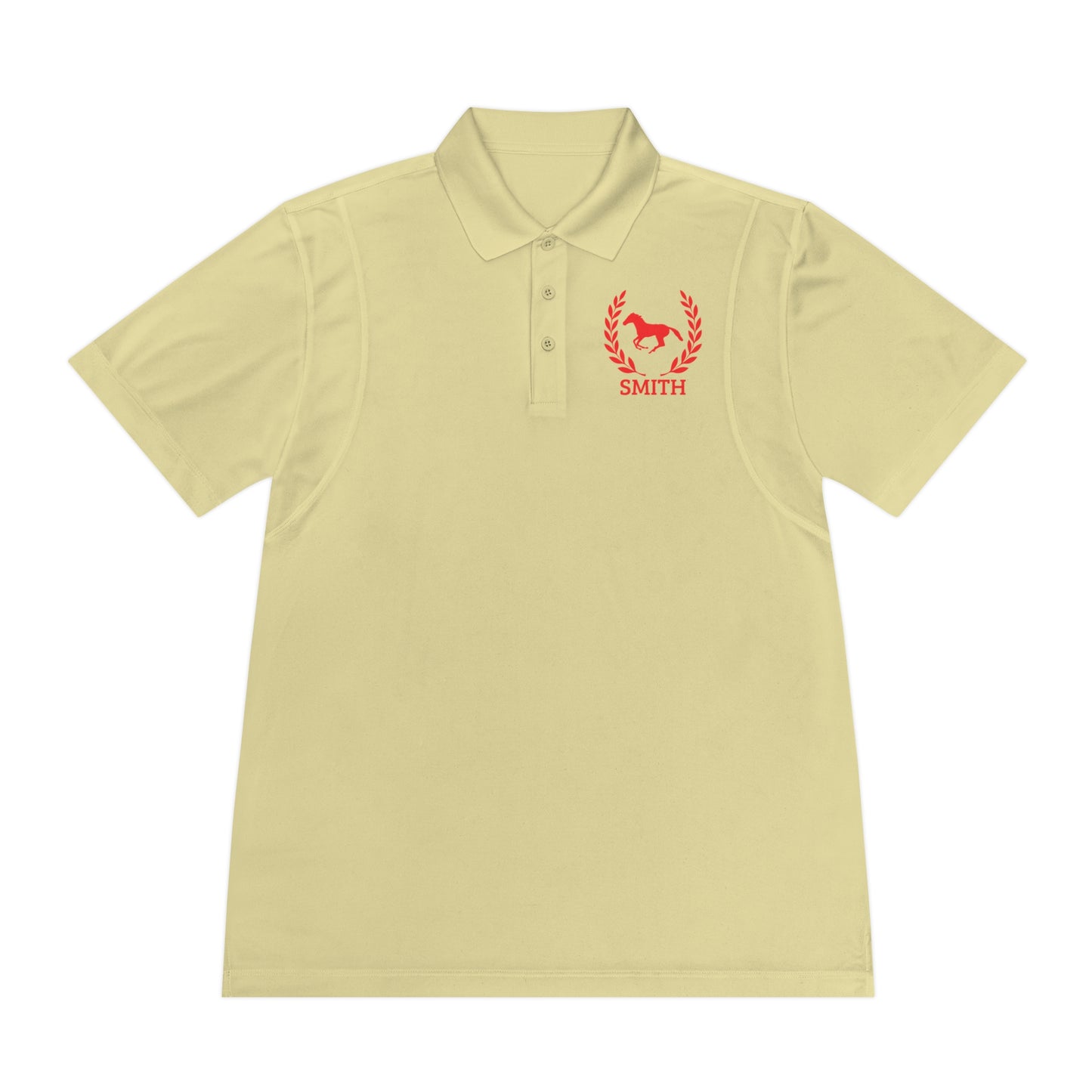 White Polo Shirt Red Horse Beige polo shirt with red logo and text on a white background