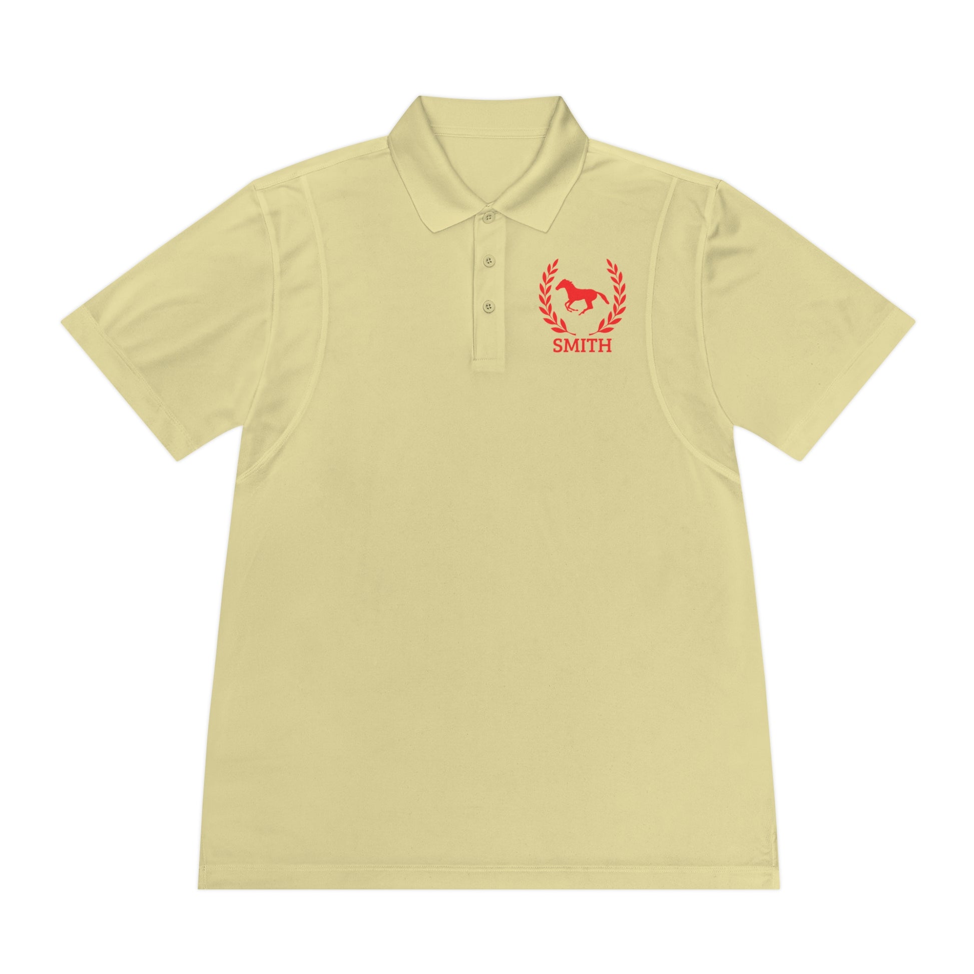 White Polo Shirt Red Horse Beige polo shirt with red logo and text on a white background