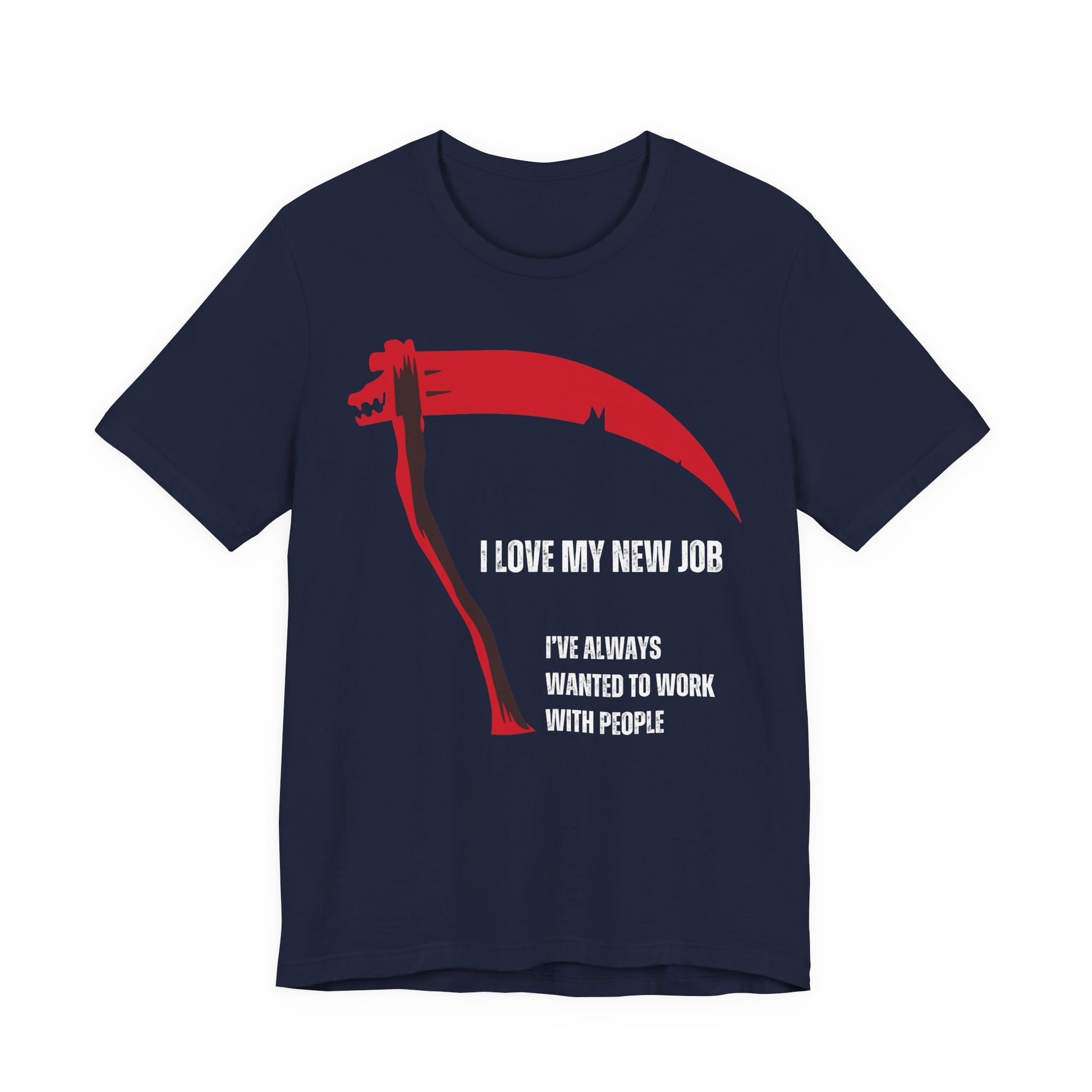 Navy blue t-shirt with red and white graphic and text on a white background