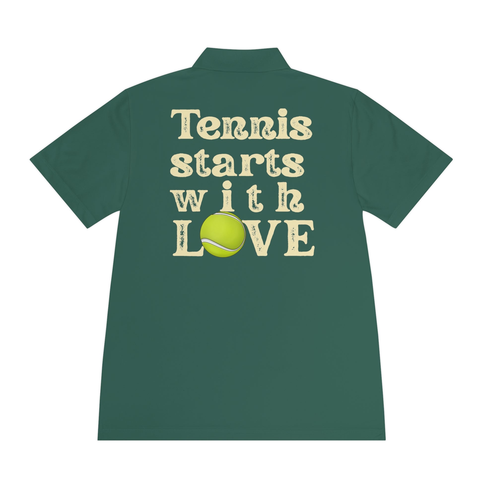 Tennis Polo Women Green shirt with 'Tennis starts with LOVE' text and tennis ball graphic on a white background