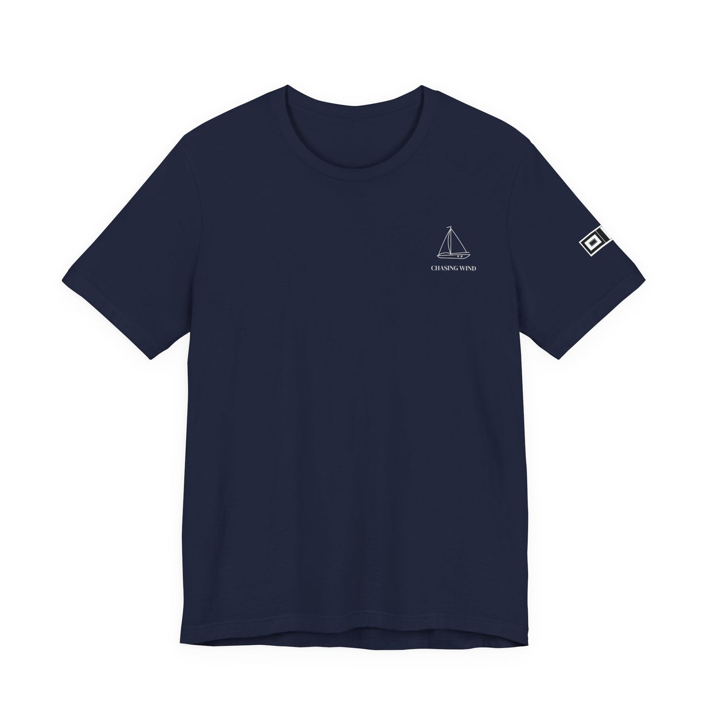 Sailing T-Shirt Navy blue t-shirt with white logo on a white background