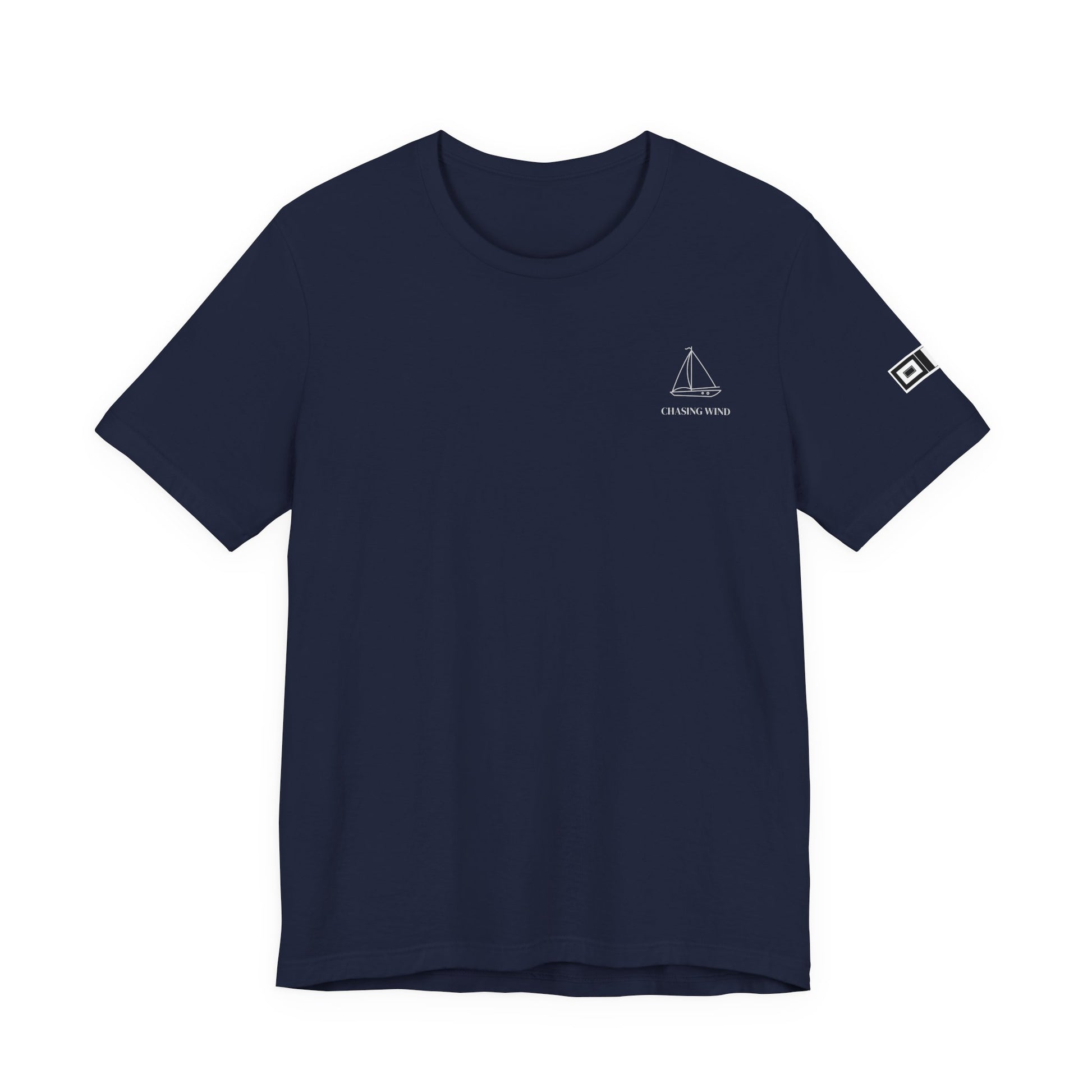 Sailing T-Shirt Navy blue t-shirt with white logo on a white background