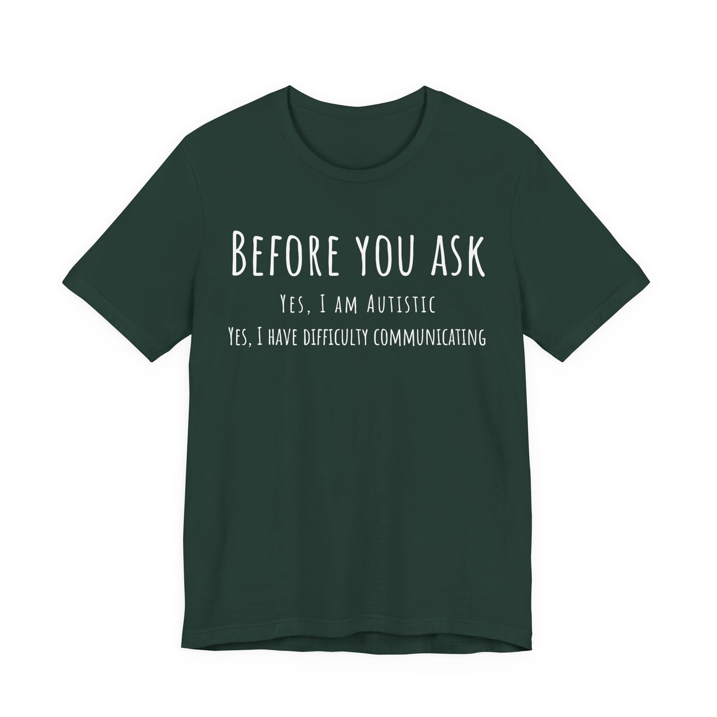 Green t-shirt with white text on a white background