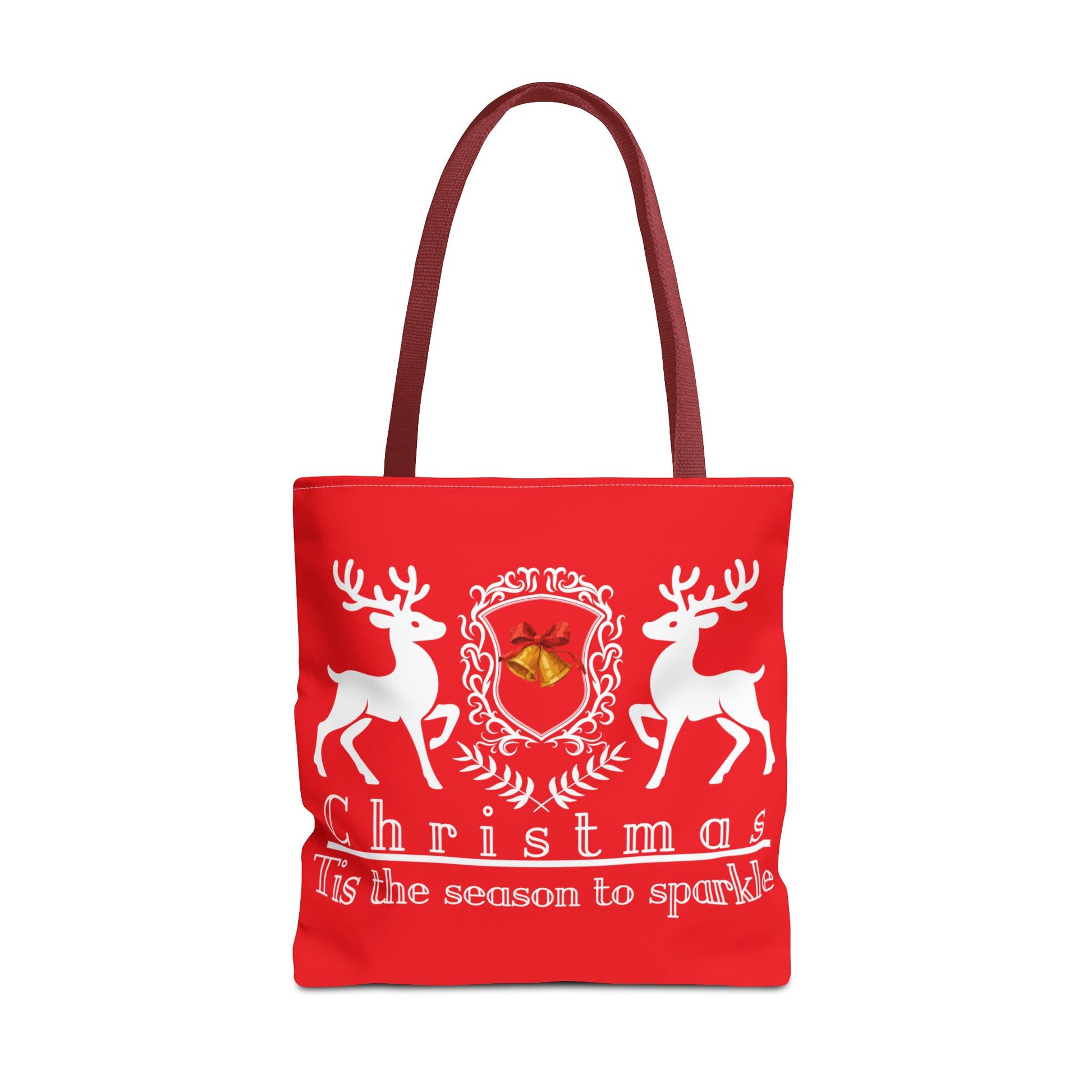 Red tote bag with reindeer design and Christmas text on a white background