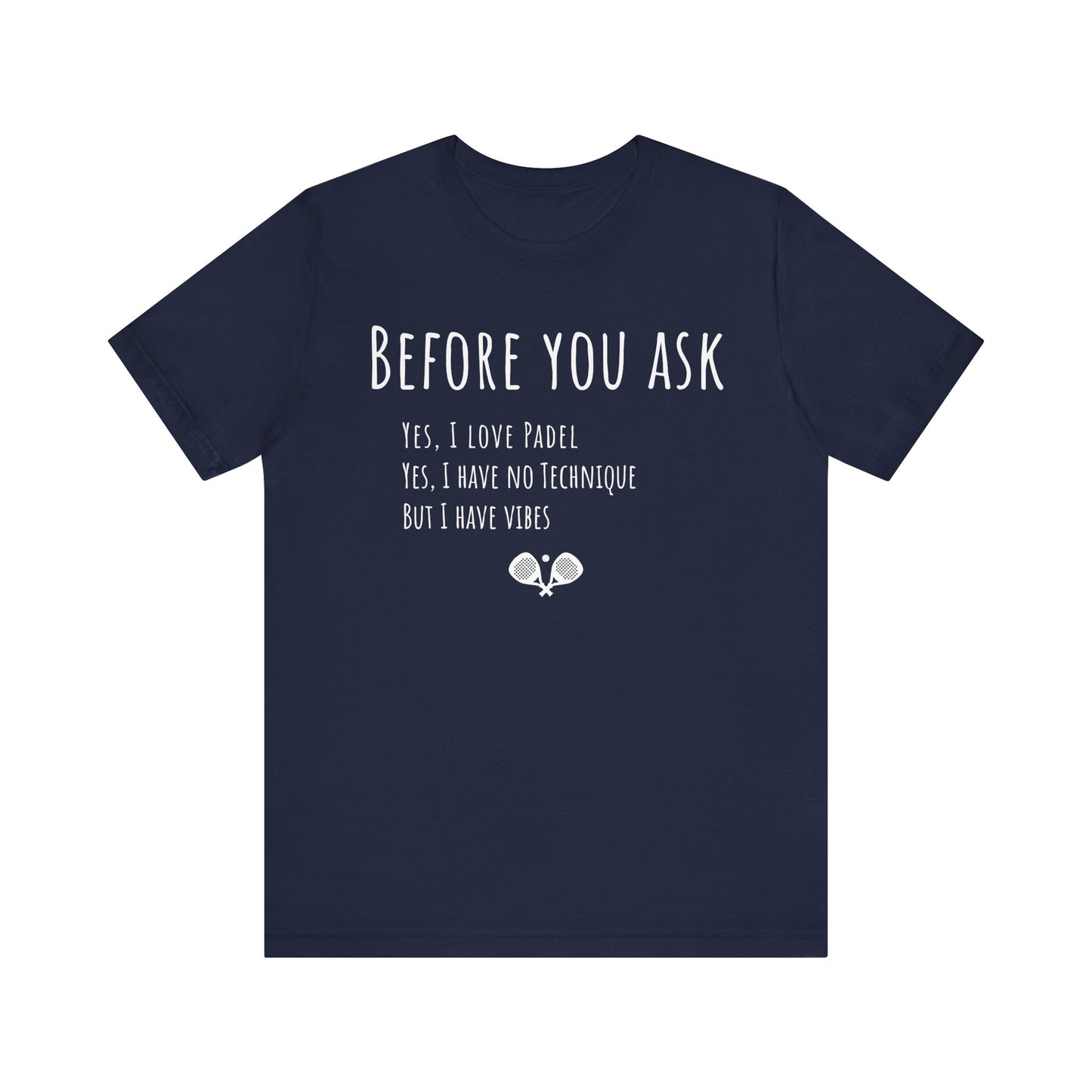 Navy blue t-shirt with white text and paddle icons on a white background