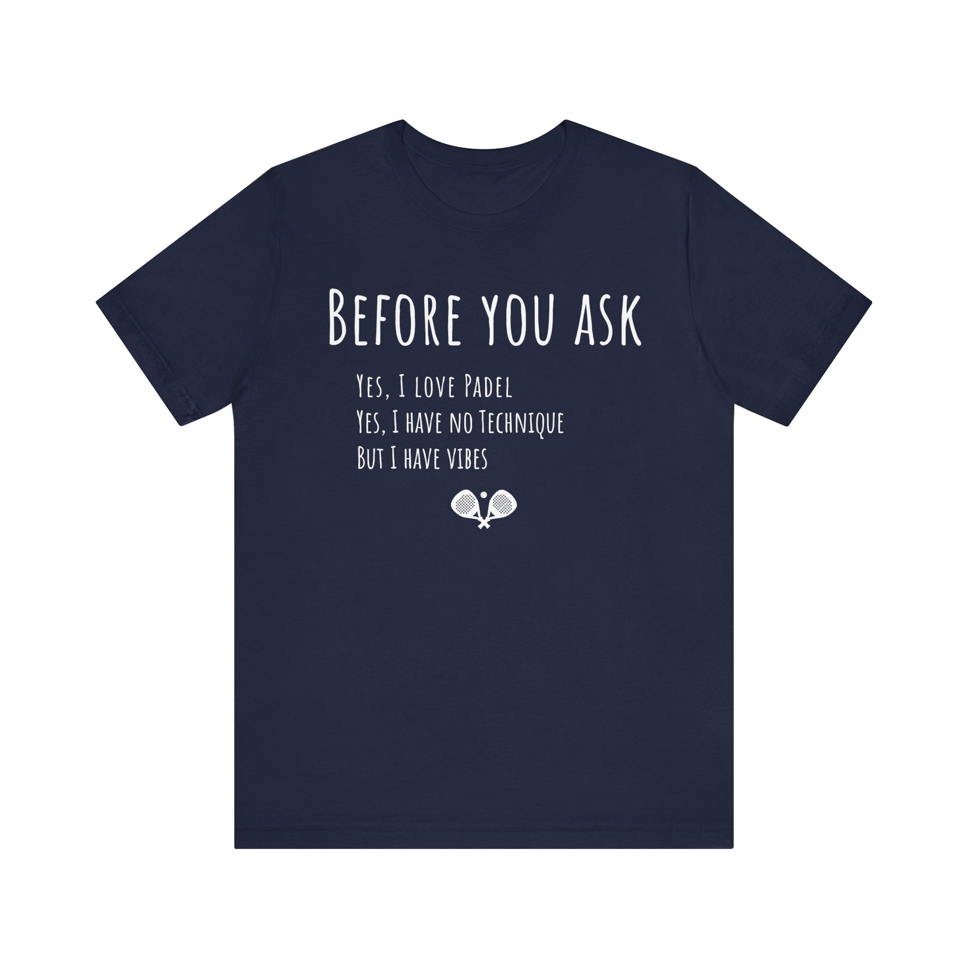 Navy blue t-shirt with white text and paddle icons on a white background