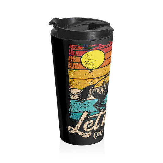 Black travel mug with colorful design of a horse and sunset on a white background