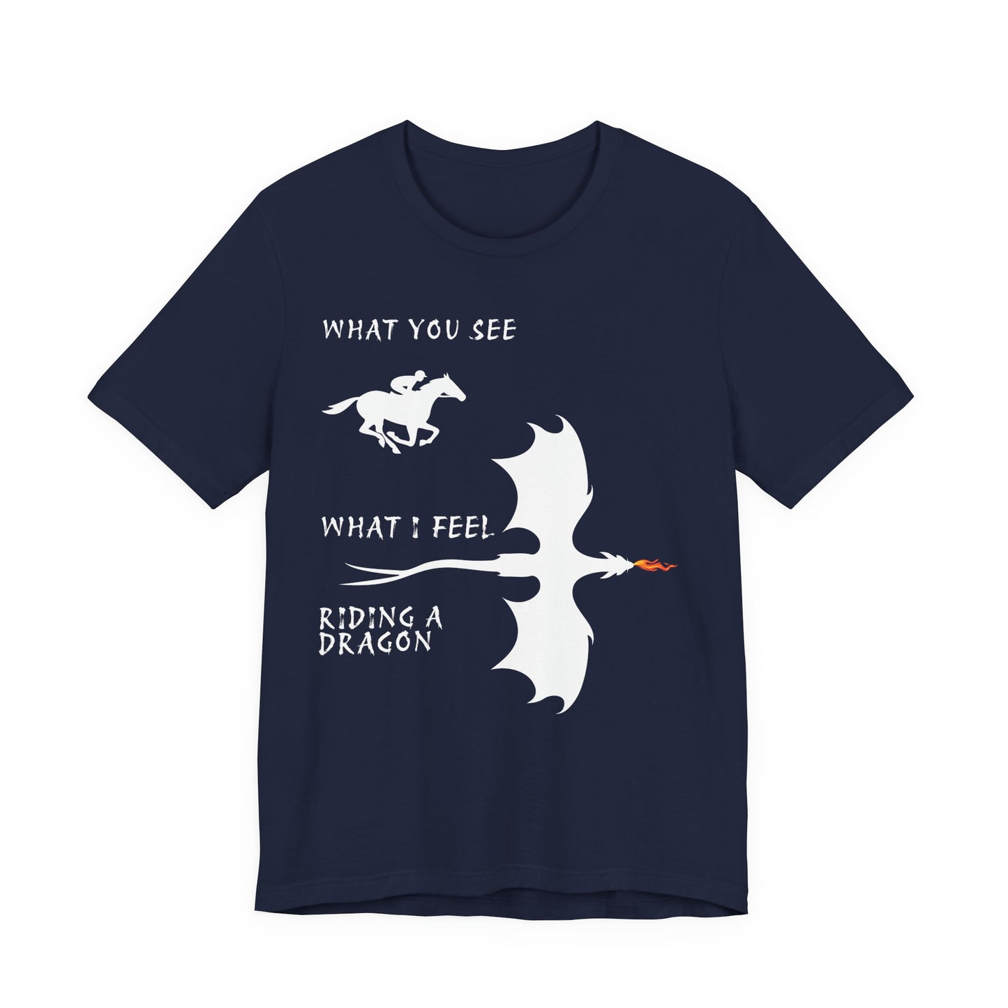 Black t-shirt with white graphic of a horse and dragon and text on a white background