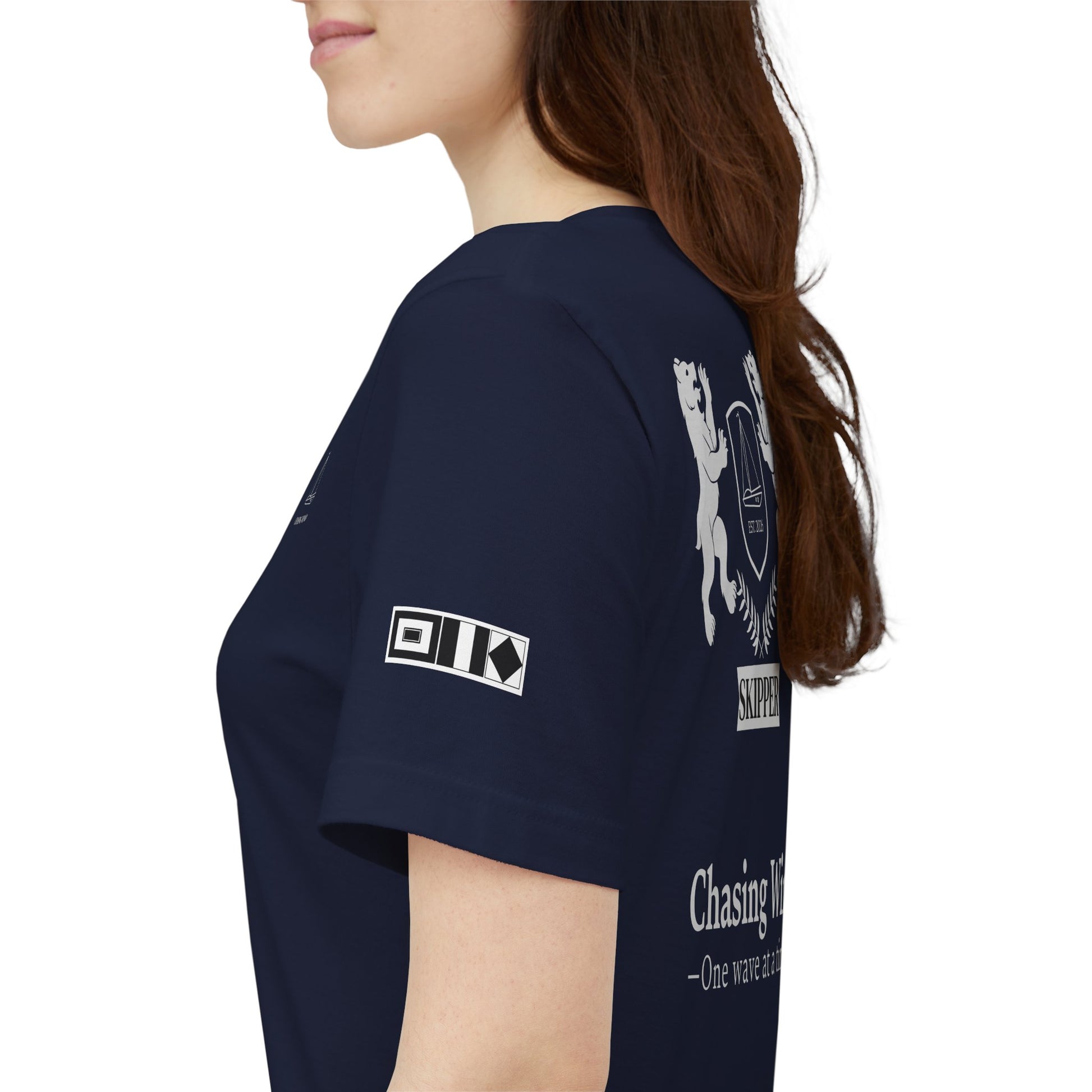Sailing T-Shirt Navy blue t-shirt with logos and text on a white background
