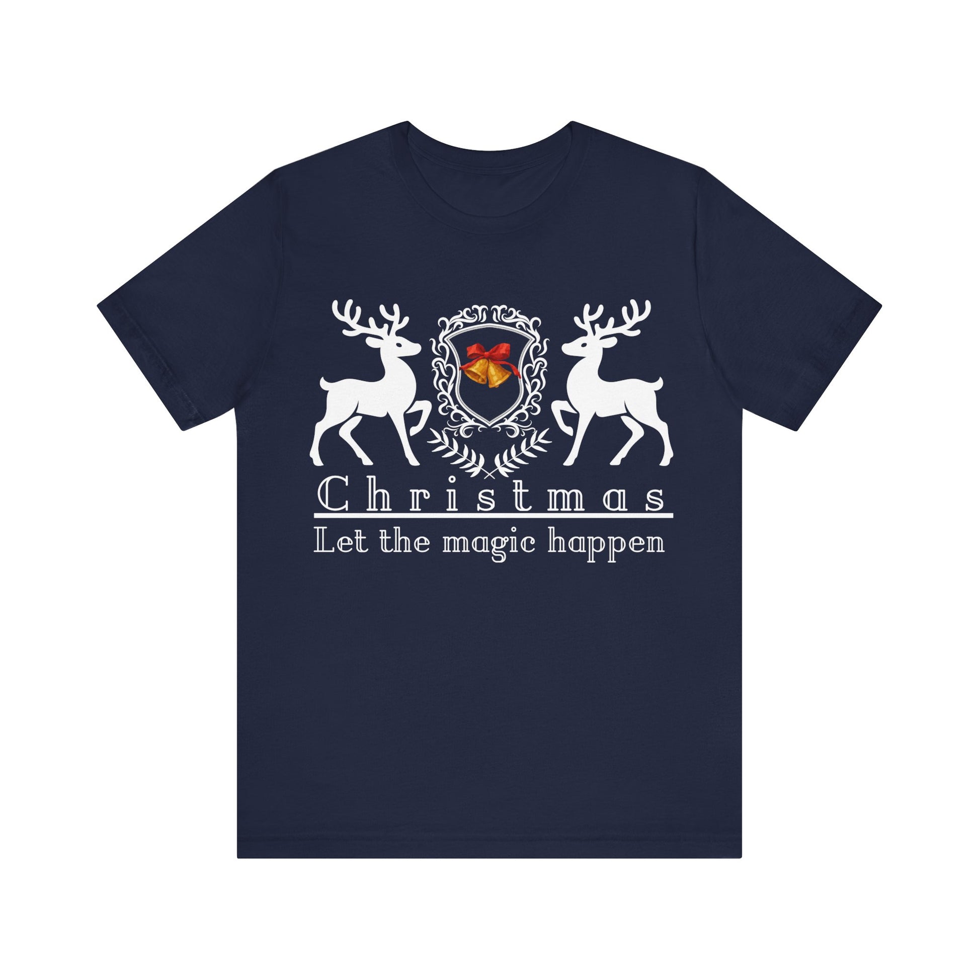 Navy blue t-shirt with reindeer design and text on a white background