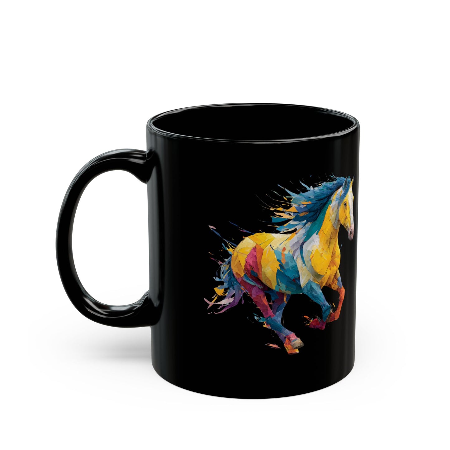 Black mug with a colorful horse design on a white background