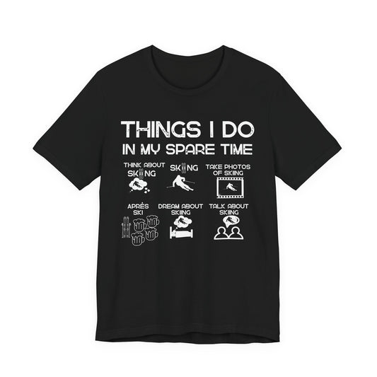 Black t-shirt with white text and graphics on a white background