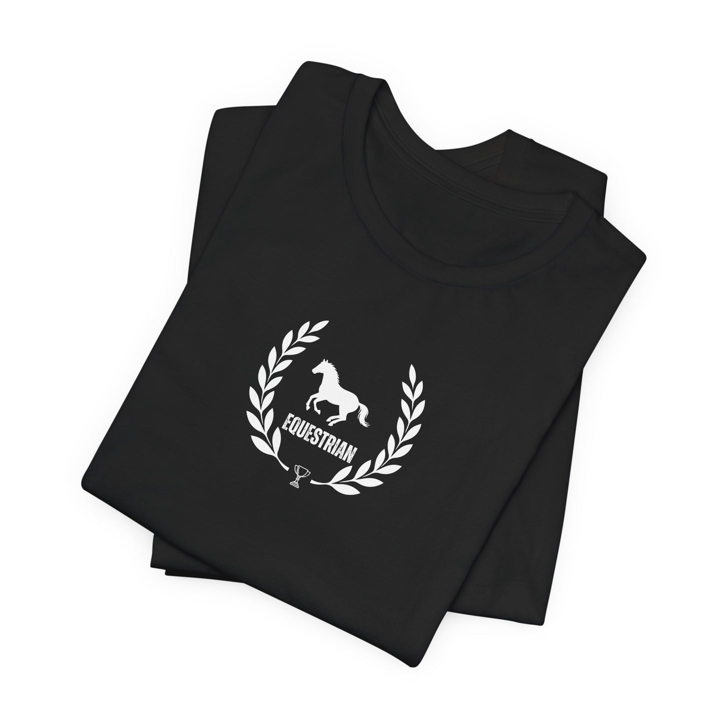 Black t-shirt with white graphic design on a white background