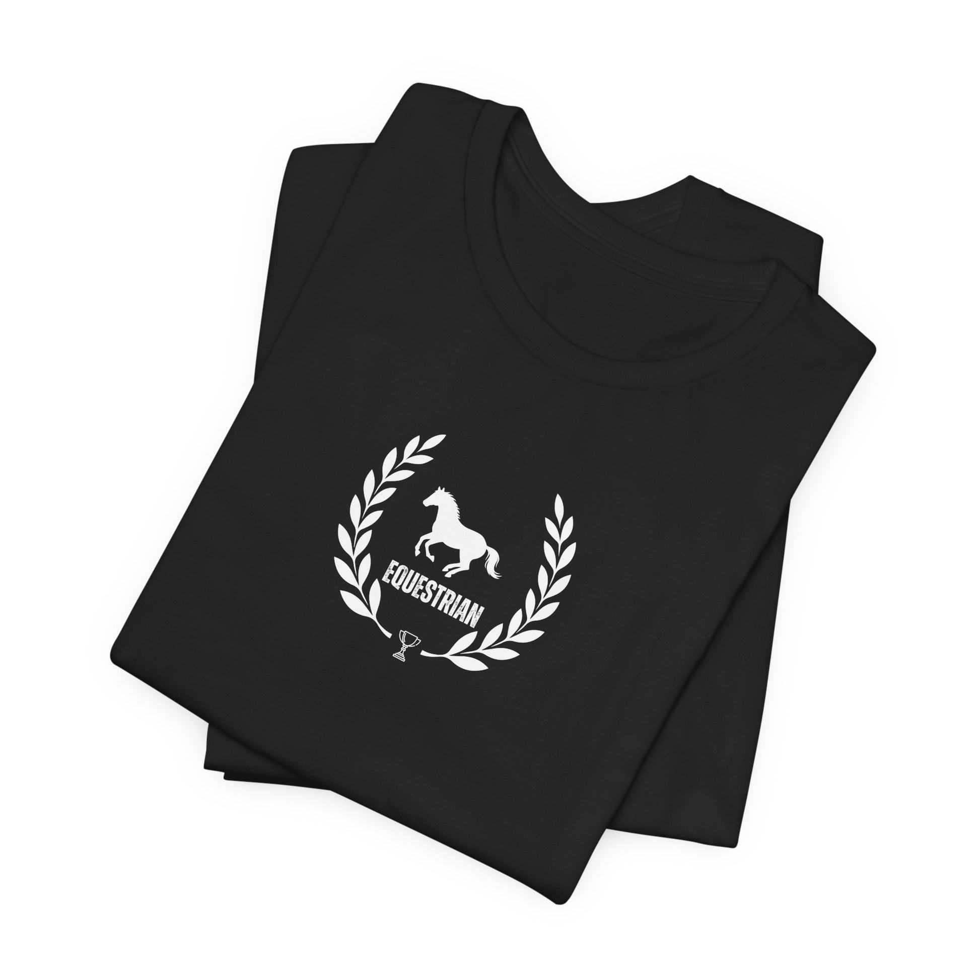 Black t-shirt with white graphic design on a white background