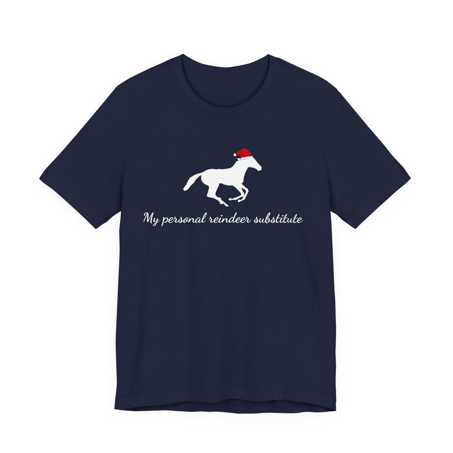 Navy blue t-shirt with a horse graphic and text on a white background