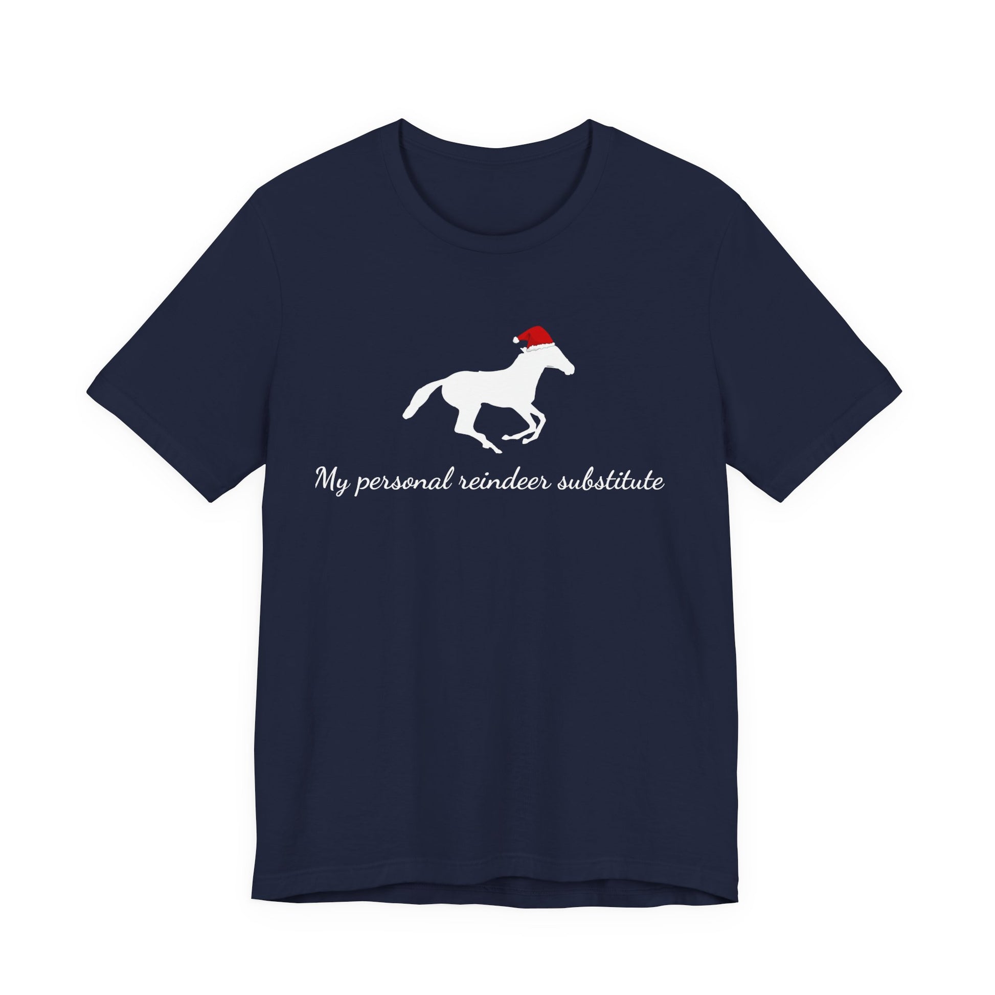 Navy blue t-shirt with a horse graphic and text on a white background