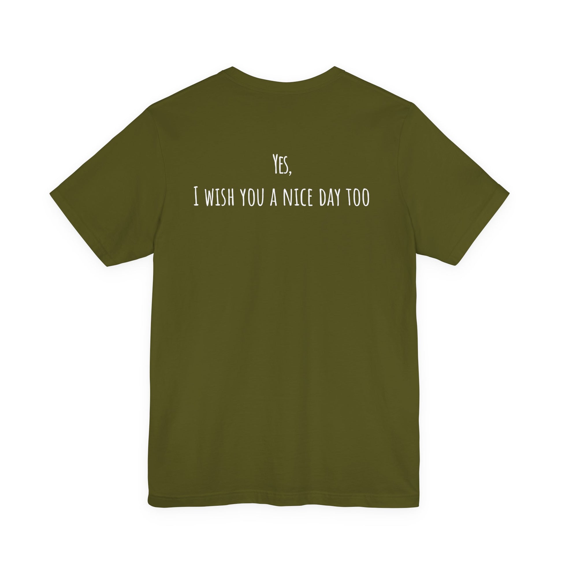 Green t-shirt with text on the back on a white background