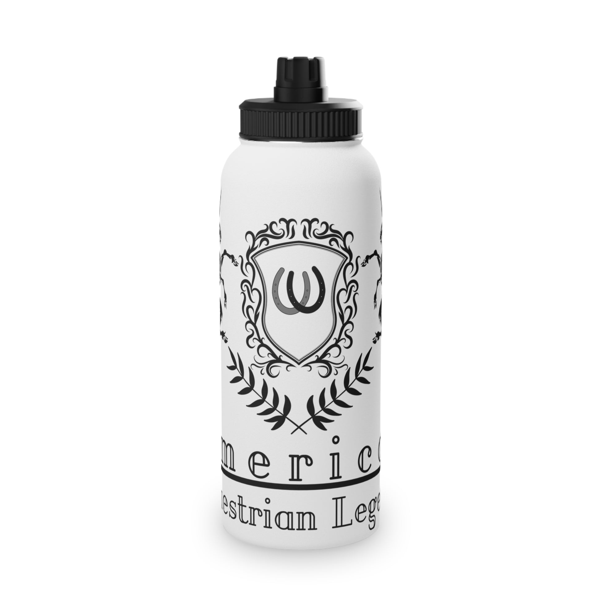 White water bottle with black design and text on a white background