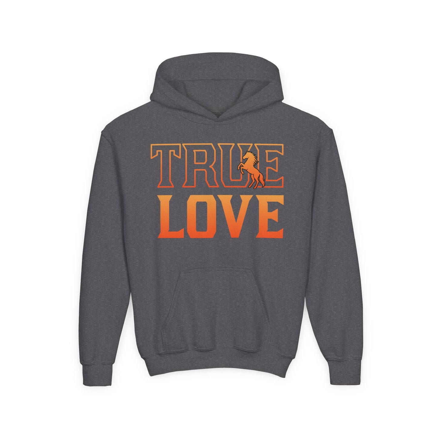 Gray hoodie with 'True Love' text and graphic on the back against a white background