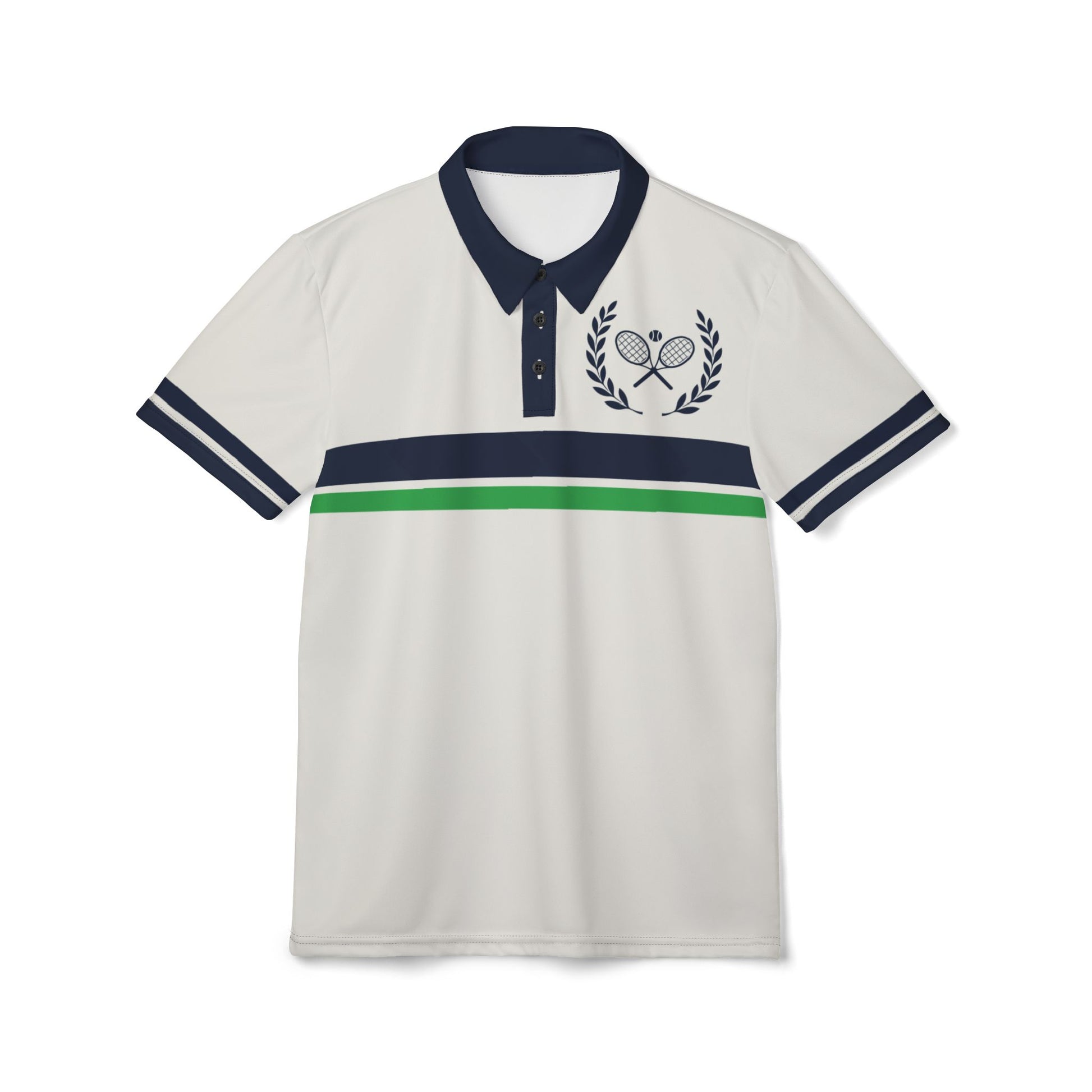 Retro Tennis Clothes White polo shirt with navy accents and a logo on a white background