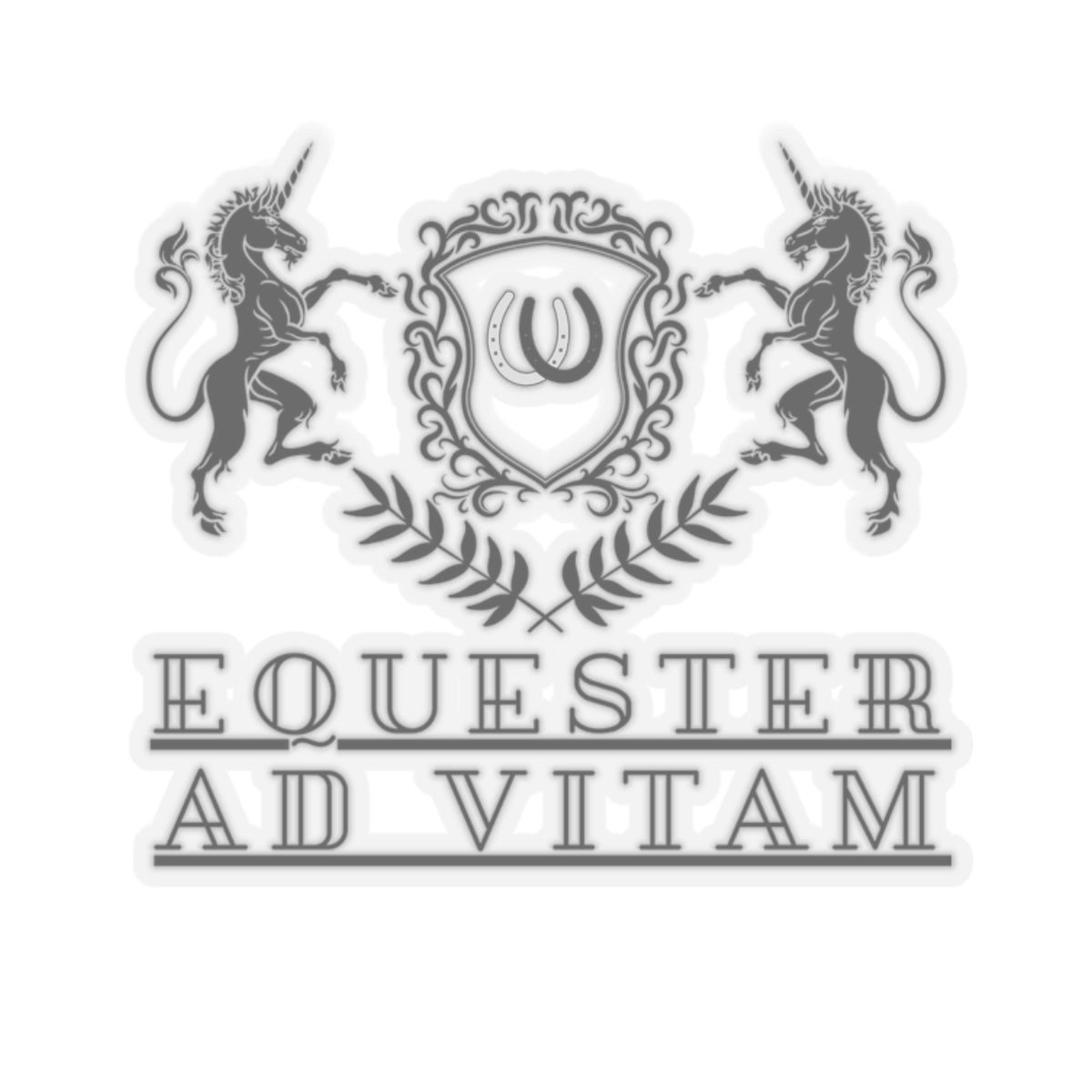 Equestrian-themed logo with unicorns and a shield on a white background