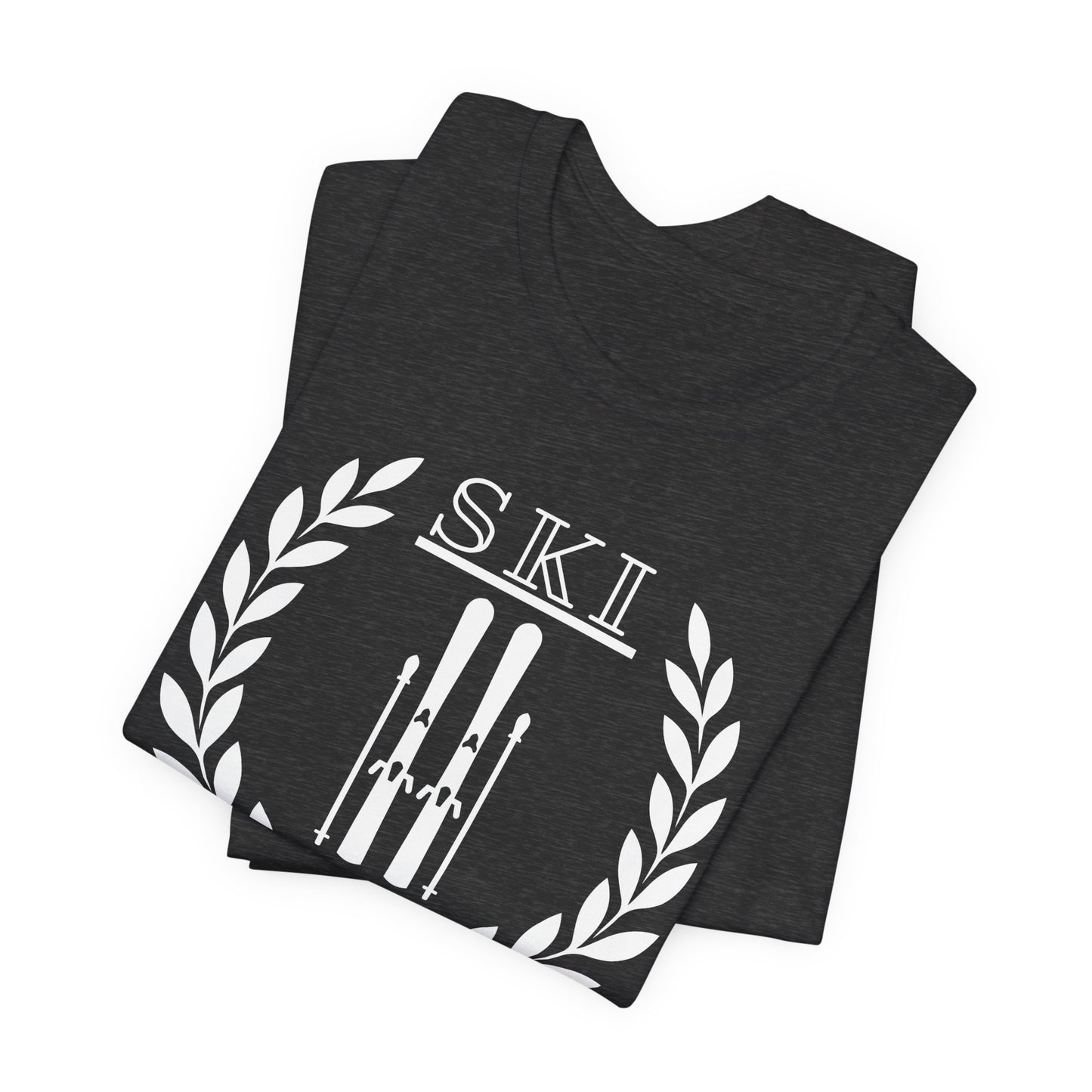 Dark gray t-shirt with 'SKI' design featuring skis and leaves on a white background