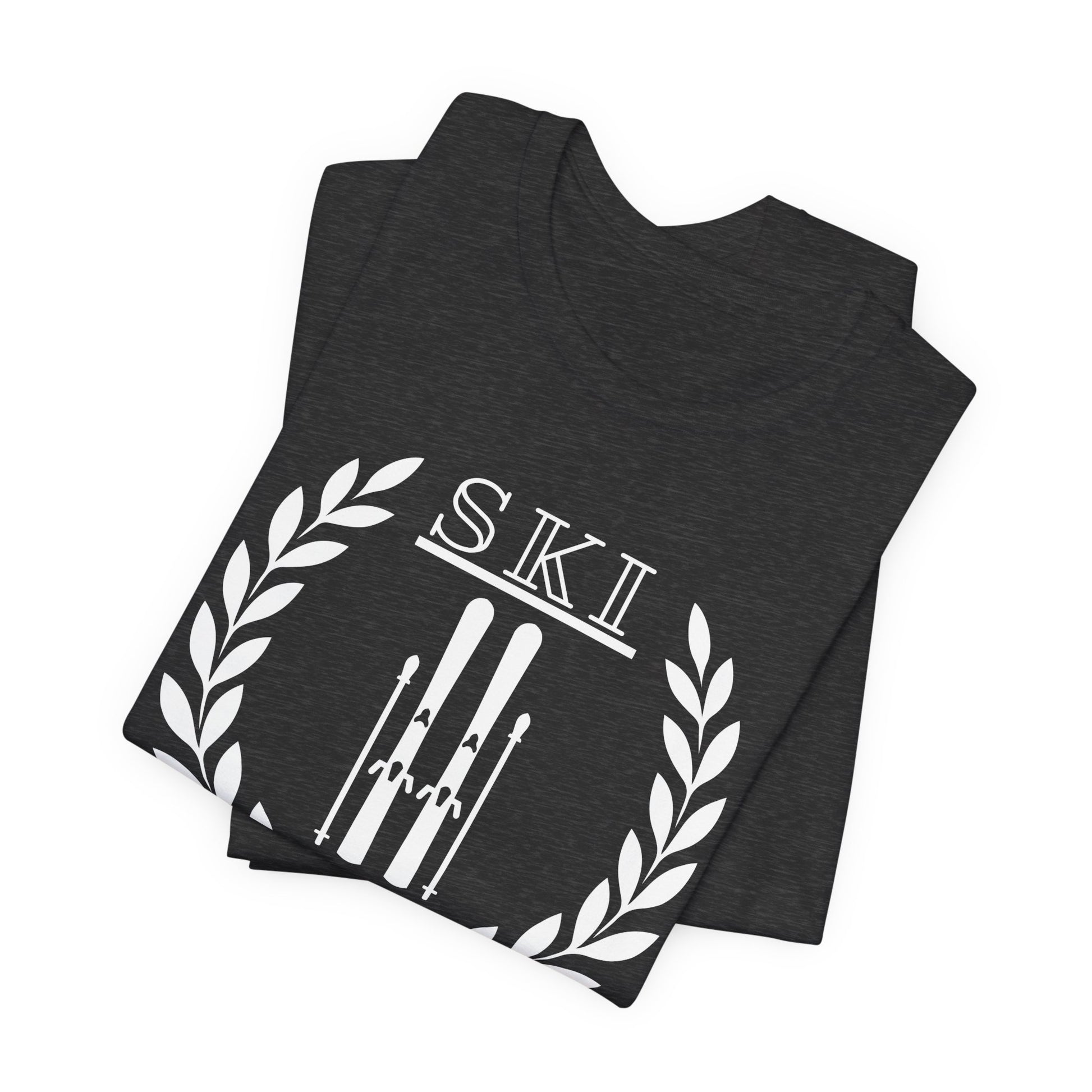 Dark gray t-shirt with 'SKI' design featuring skis and leaves on a white background